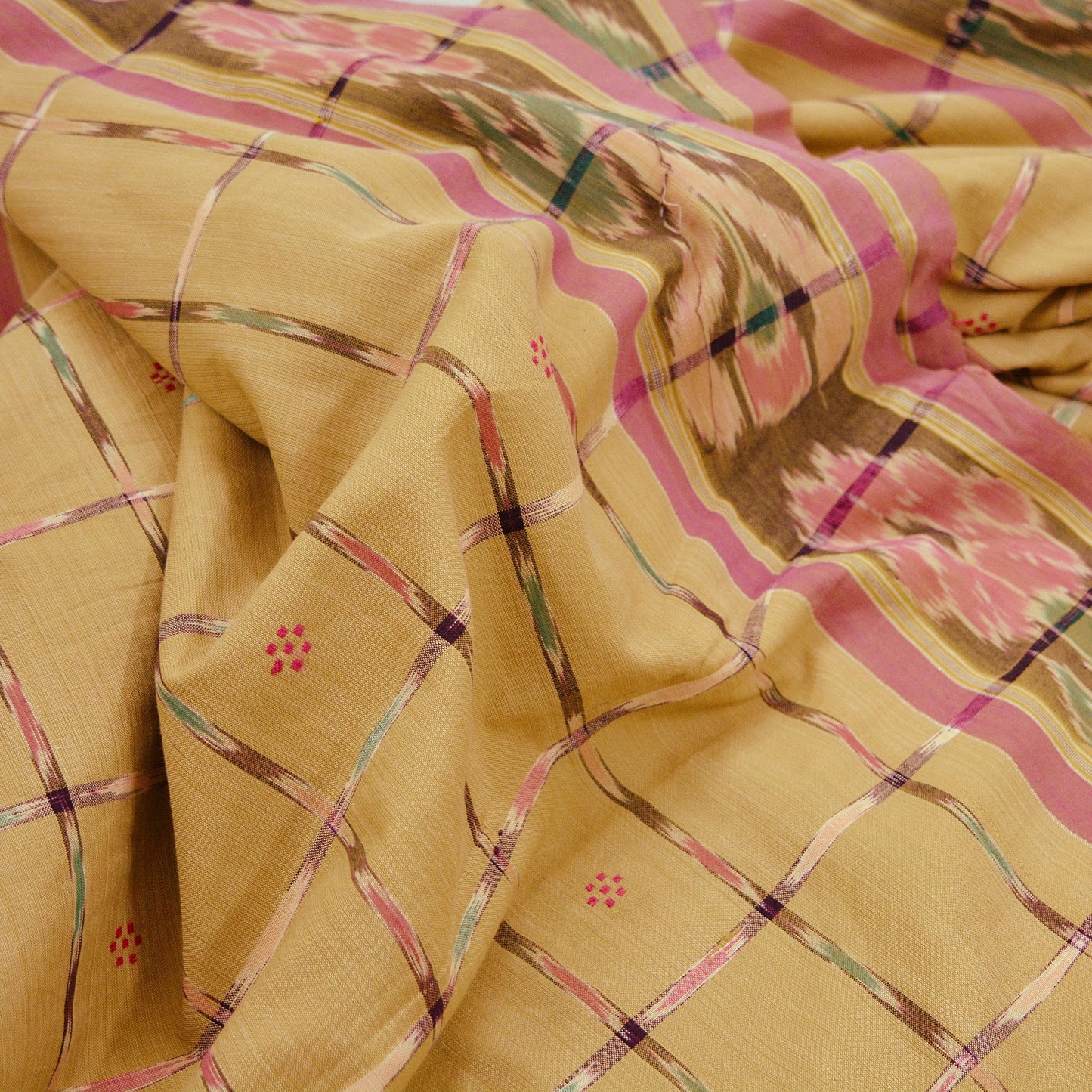 Indian Vintage Sarees Beige Pure Cotton Hand woven Sambalpuri Ikat sari Craft Fabric 5Yd Ethnic Chackra Border Dress Making Quilting