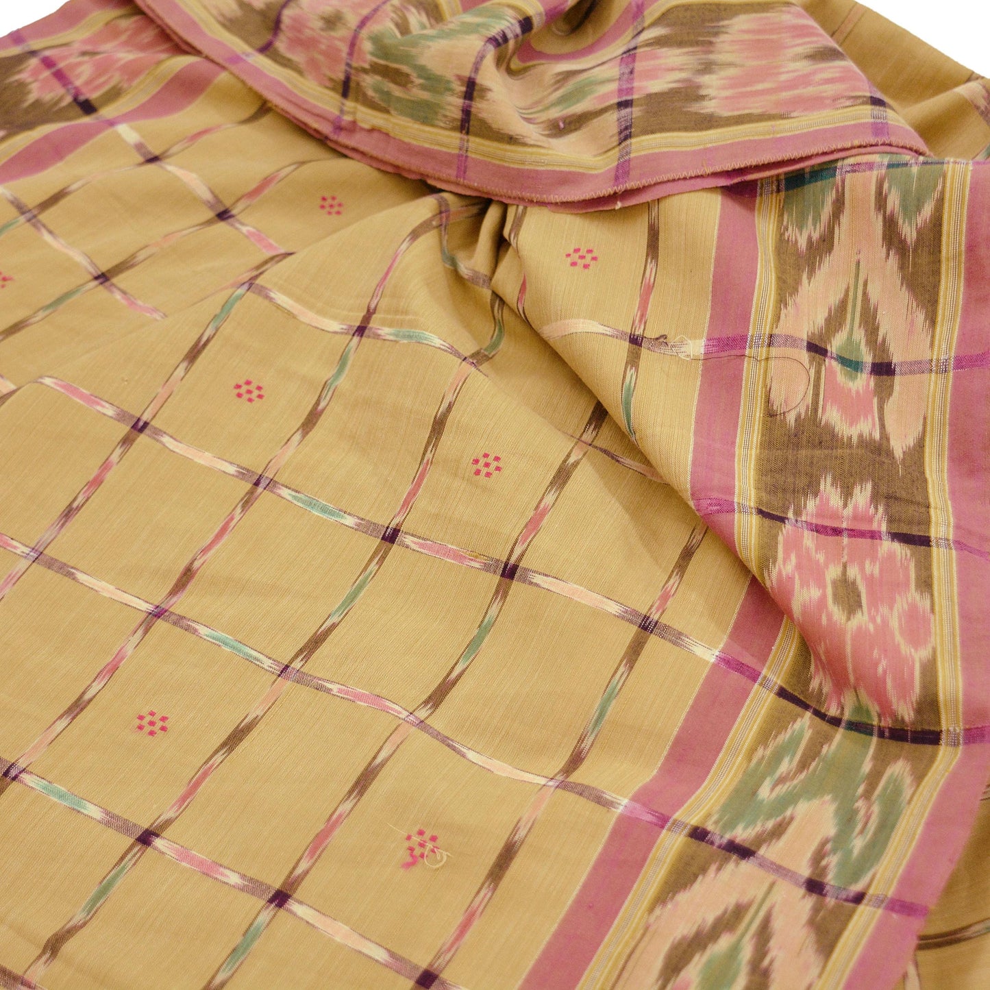 Indian Vintage Sarees Beige Pure Cotton Hand woven Sambalpuri Ikat sari Craft Fabric 5Yd Ethnic Chackra Border Dress Making Quilting