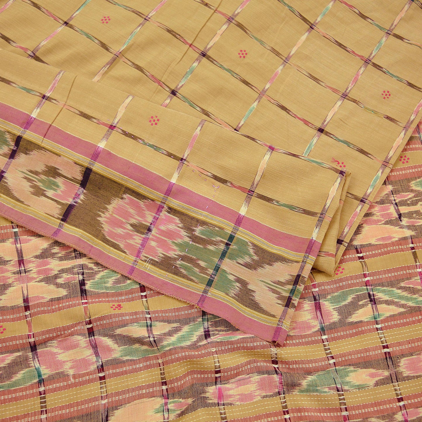 Indian Vintage Sarees Beige Pure Cotton Hand woven Sambalpuri Ikat sari Craft Fabric 5Yd Ethnic Chackra Border Dress Making Quilting