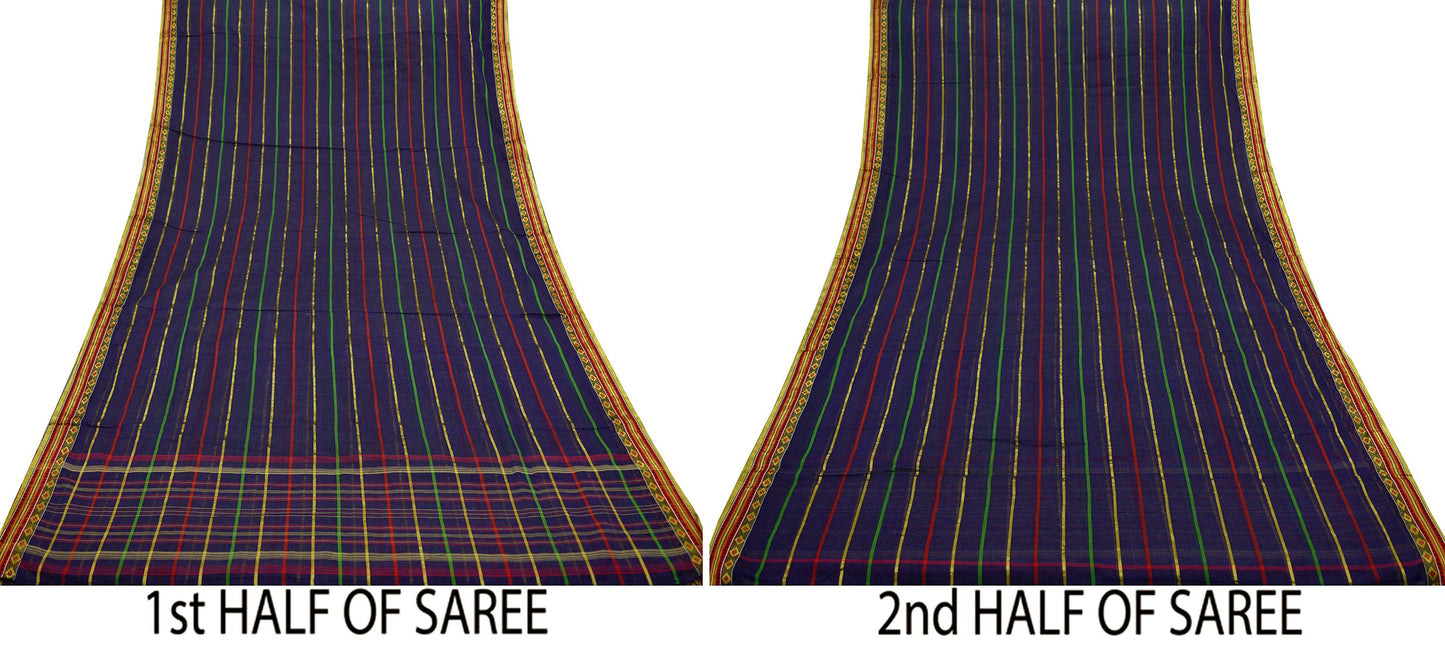 Indian Vintage Sari Blue Pure Cotton Hand Woven Sarees 5yd Craft Fabric Ethnic Soft Sewing Zari Dress making Quitting Crafting Upcycle