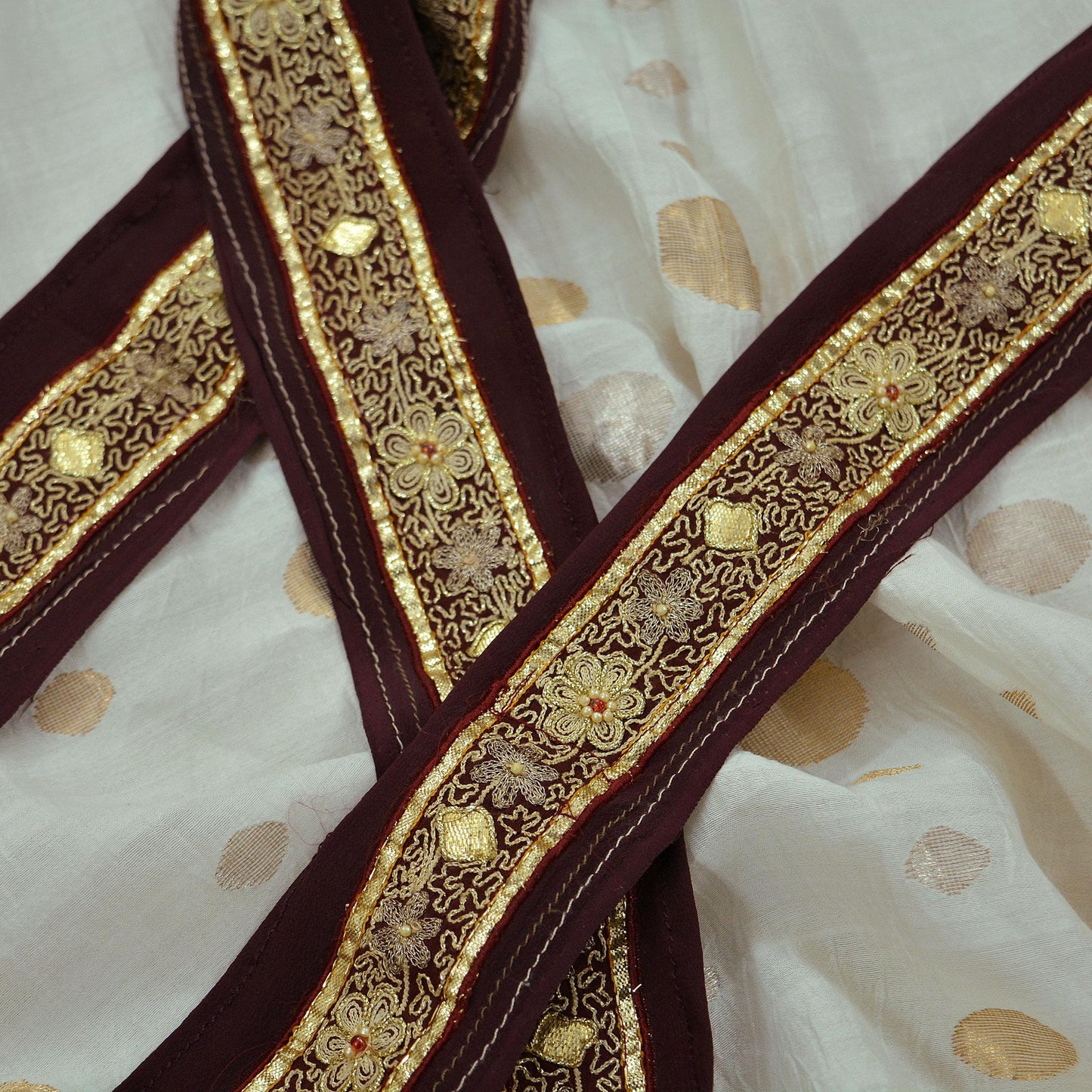 Indian Vintage Maroon Saree Border Hand Embroidered Gota Patti Indian Craft Trim Lace Sewing Sari Ribbon Pure Crepe silk Zardozi/Dabka