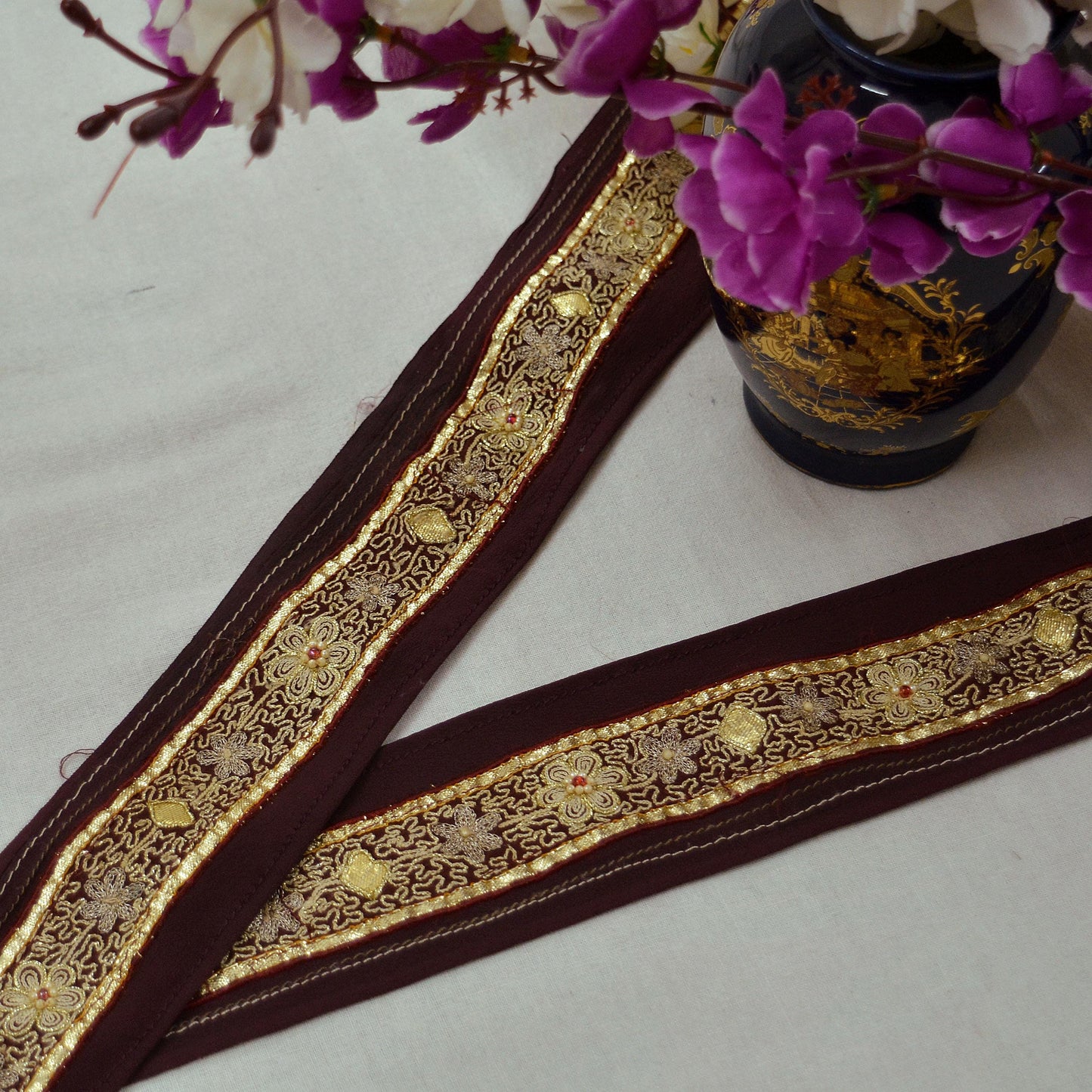 Indian Vintage Maroon Saree Border Hand Embroidered Gota Patti Indian Craft Trim Lace Sewing Sari Ribbon Pure Crepe silk Zardozi/Dabka