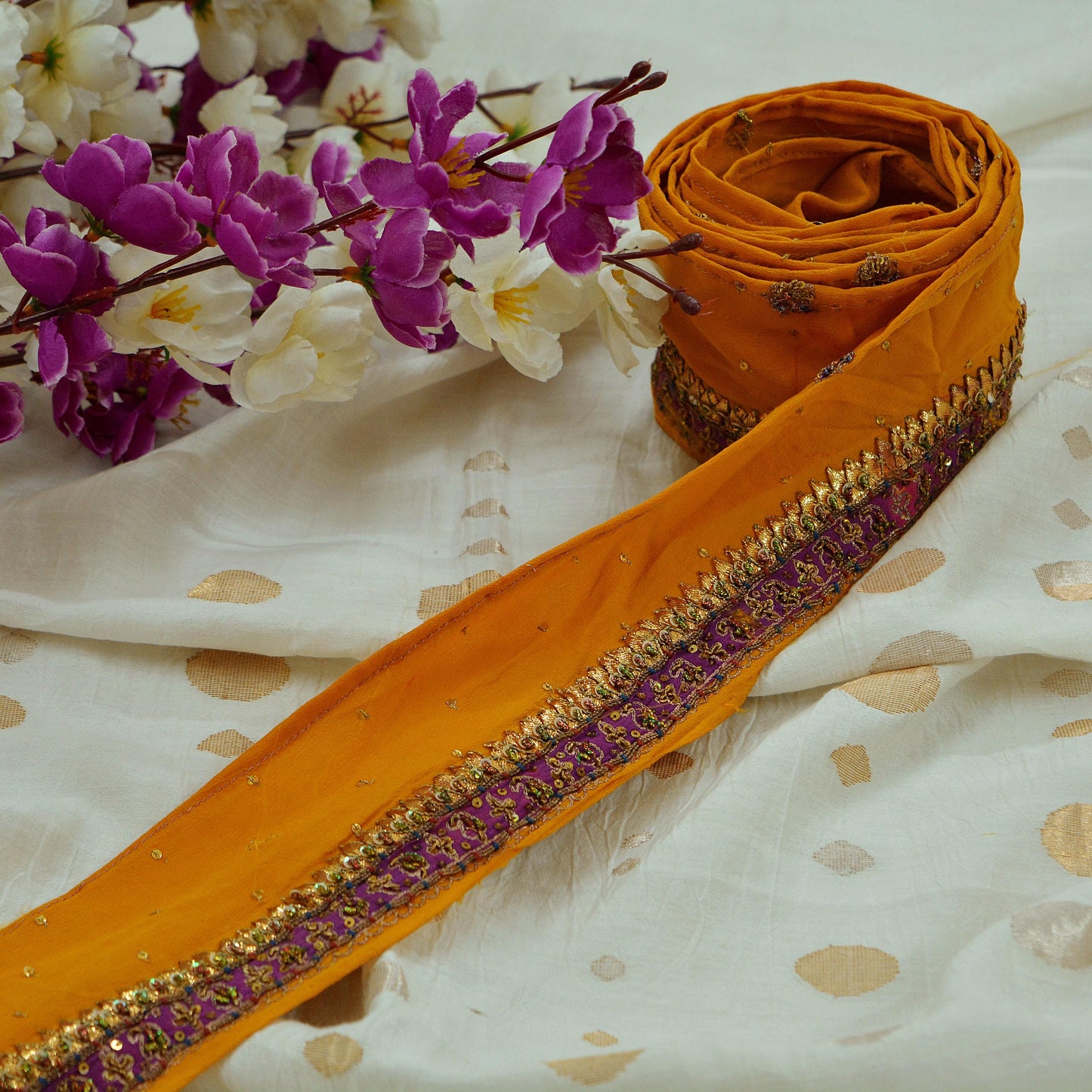 Indian Vintage Mustard Saree Border Hand Embroidered Gota Patti Indian Craft Trim Lace Sewing Sari Ribbon Pure Crepe silk Zardozi/Dabka