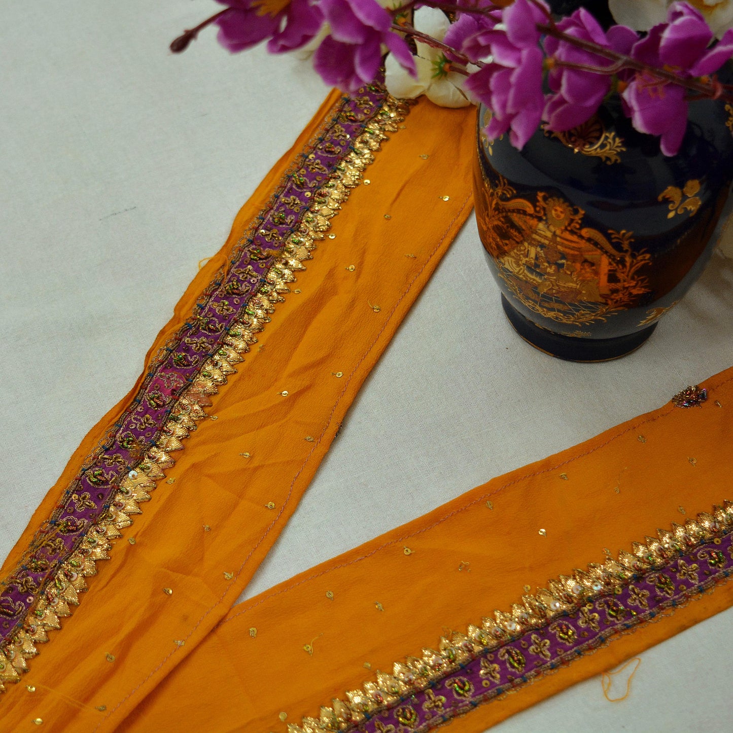 Indian Vintage Mustard Saree Border Hand Embroidered Gota Patti Indian Craft Trim Lace Sewing Sari Ribbon Pure Crepe silk Zardozi/Dabka