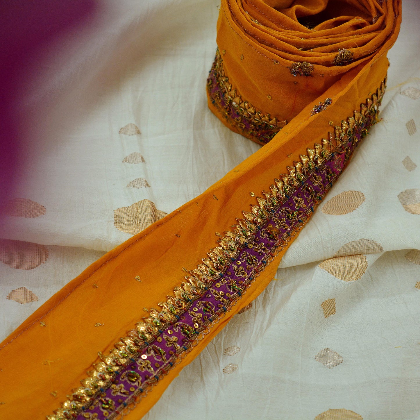 Indian Vintage Mustard Saree Border Hand Embroidered Gota Patti Indian Craft Trim Lace Sewing Sari Ribbon Pure Crepe silk Zardozi/Dabka