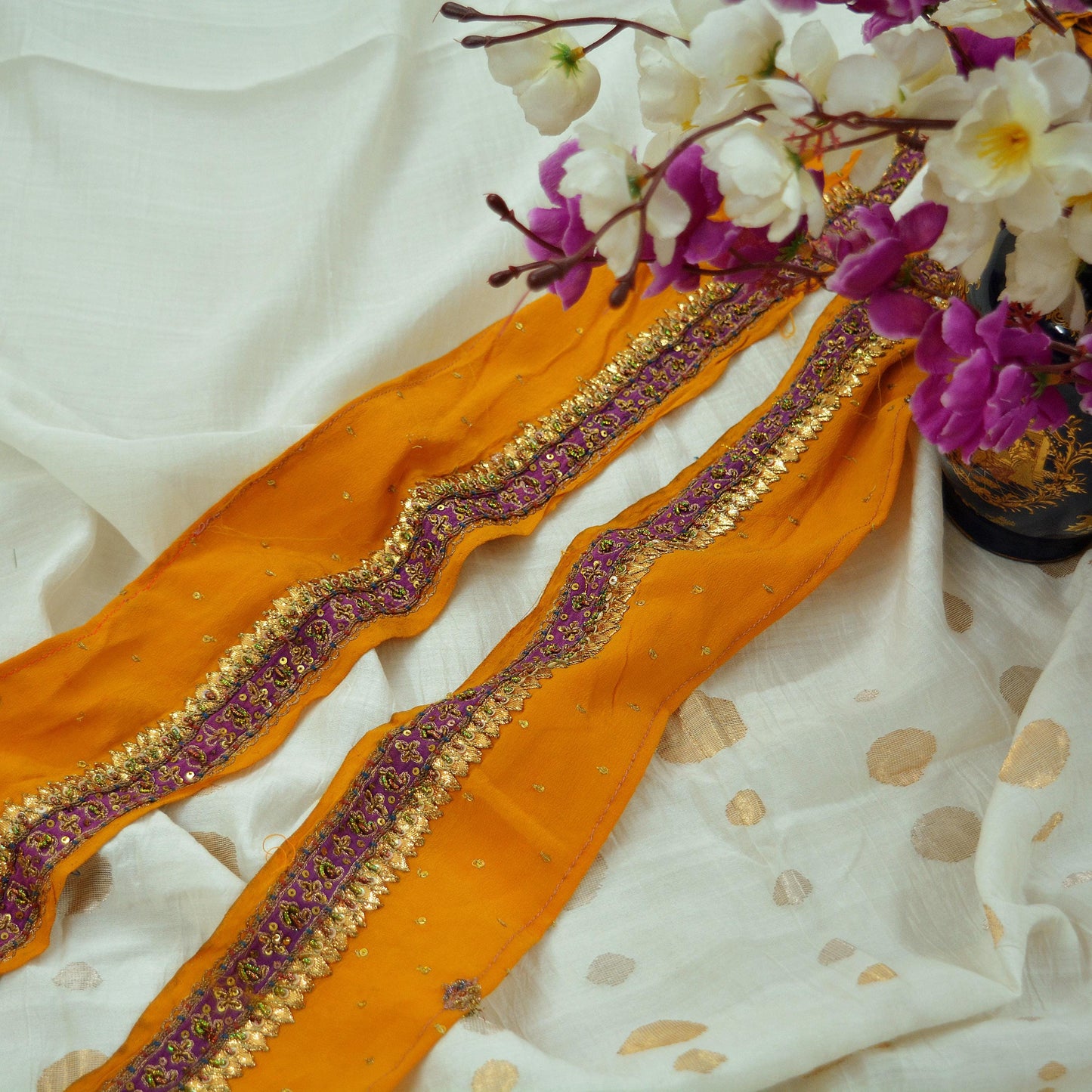 Indian Vintage Mustard Saree Border Hand Embroidered Gota Patti Indian Craft Trim Lace Sewing Sari Ribbon Pure Crepe silk Zardozi/Dabka