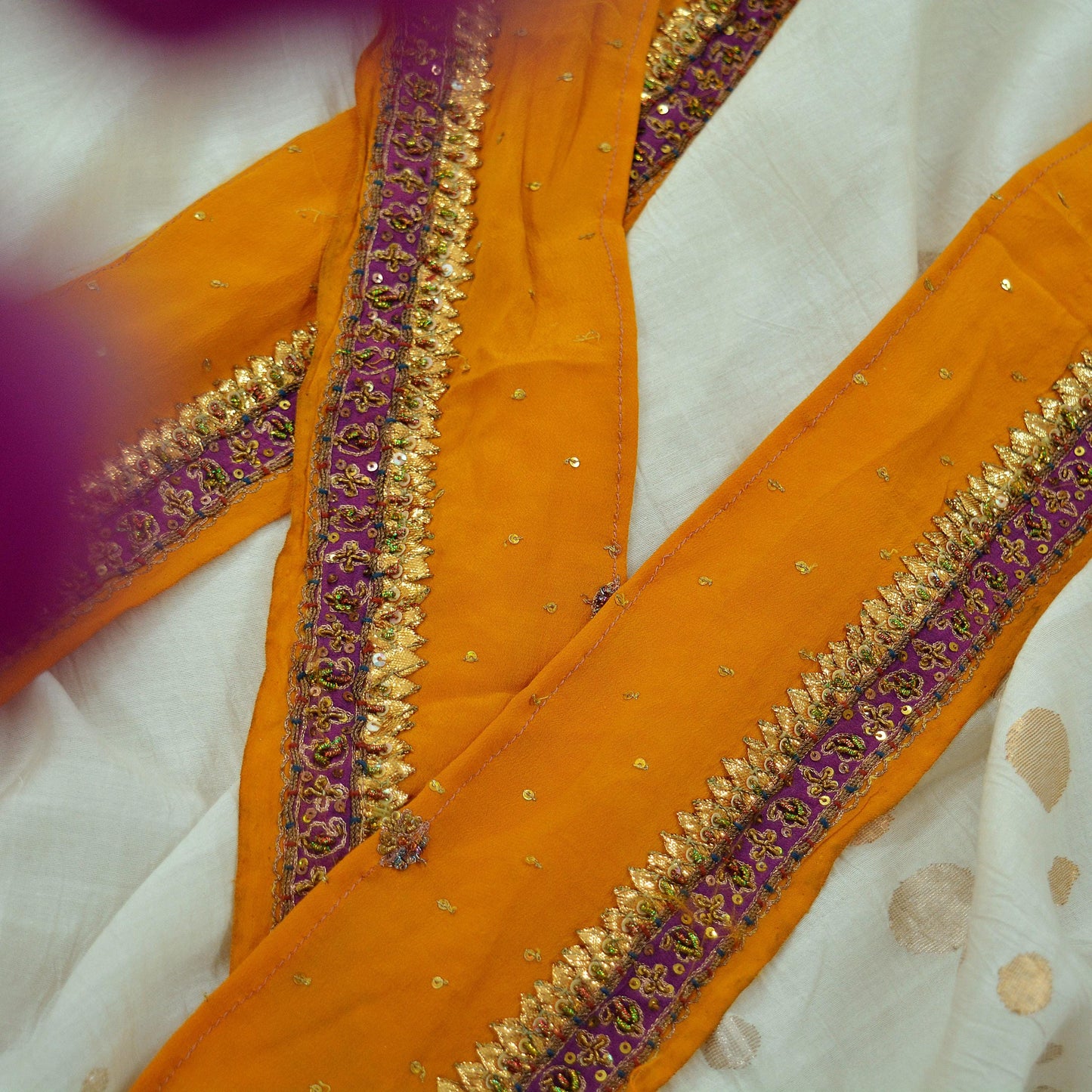Indian Vintage Mustard Saree Border Hand Embroidered Gota Patti Indian Craft Trim Lace Sewing Sari Ribbon Pure Crepe silk Zardozi/Dabka