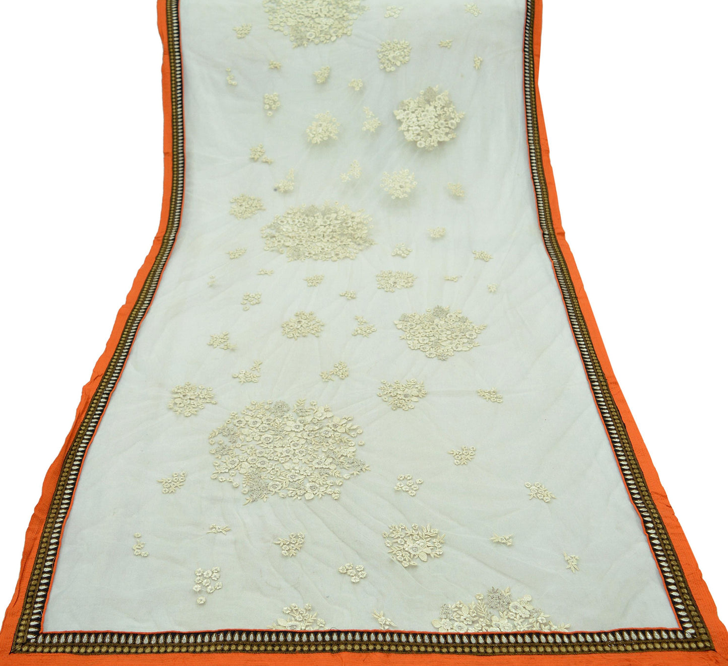 Indian Vintage Ivory Dupatta Net Mesh Long Stole Hand Embroidered Scarves Sequins Veil Hijab Party Wear