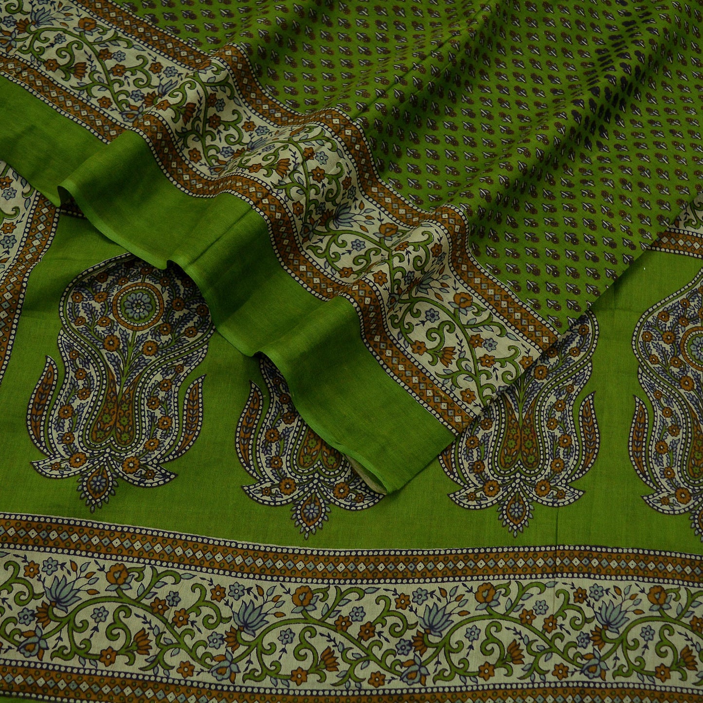 Indian Vintage Dupatta Green Long Stole Block Print Pure Cotton Indian Scarves Scarf Veil Wrap Boho Soft Floral Design