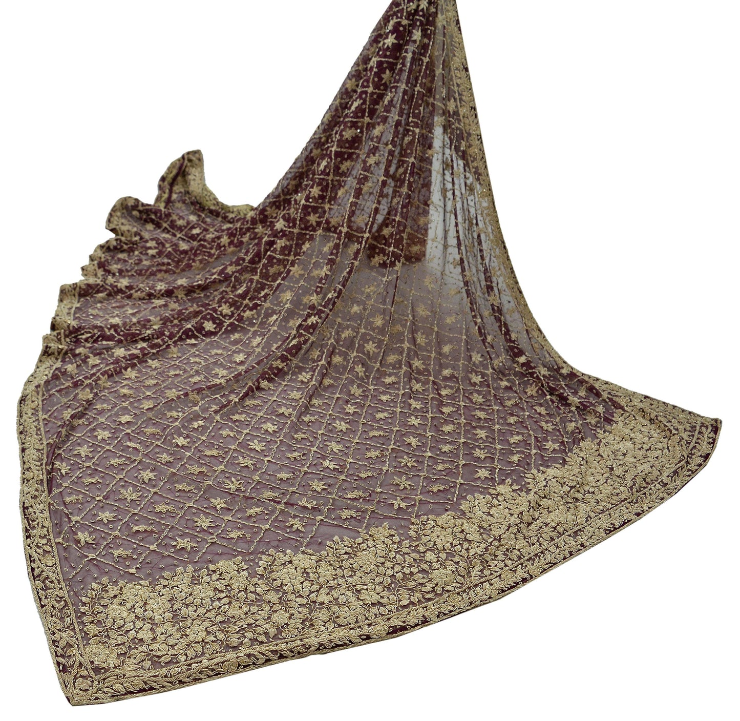 Indian Vintage Heavy Maroon Dupatta Net Mesh Long Stole Hand Embroidered Scarves Zardozi/ Dabka Zari Sequins Veil Bridal/ Wedding Hijab