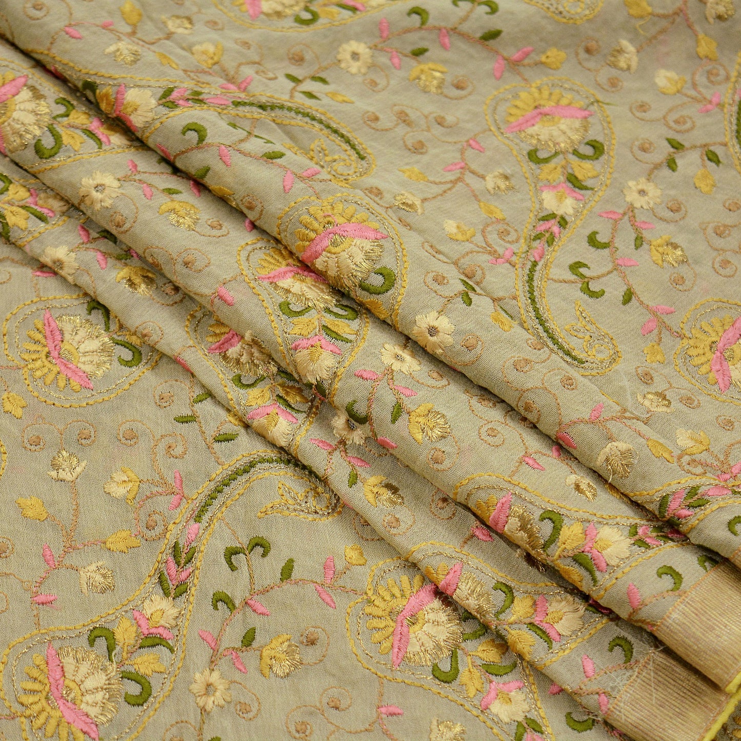 Indian Vintage Beige Dupatta Blend Georgette Long Stole Hand Embroidered Scarves Floral Design Stole Veil Wrap