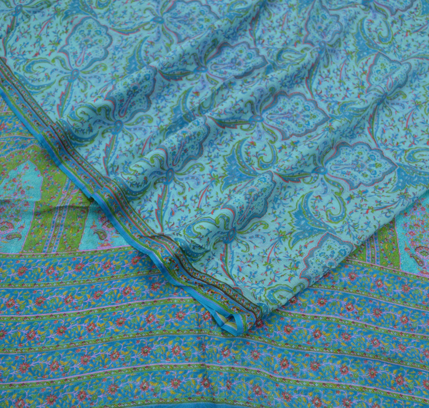 Women Vintage Blue Saree Pure Chiffon Silk Printed Sari Craft Fabric Sewing 5Yd Soft Dress Making Floral Quilting Crafting Upcycle