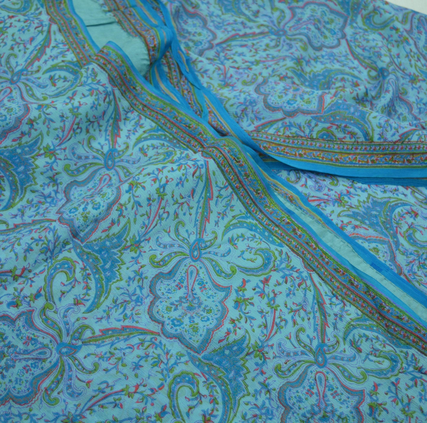 Women Vintage Blue Saree Pure Chiffon Silk Printed Sari Craft Fabric Sewing 5Yd Soft Dress Making Floral Quilting Crafting Upcycle