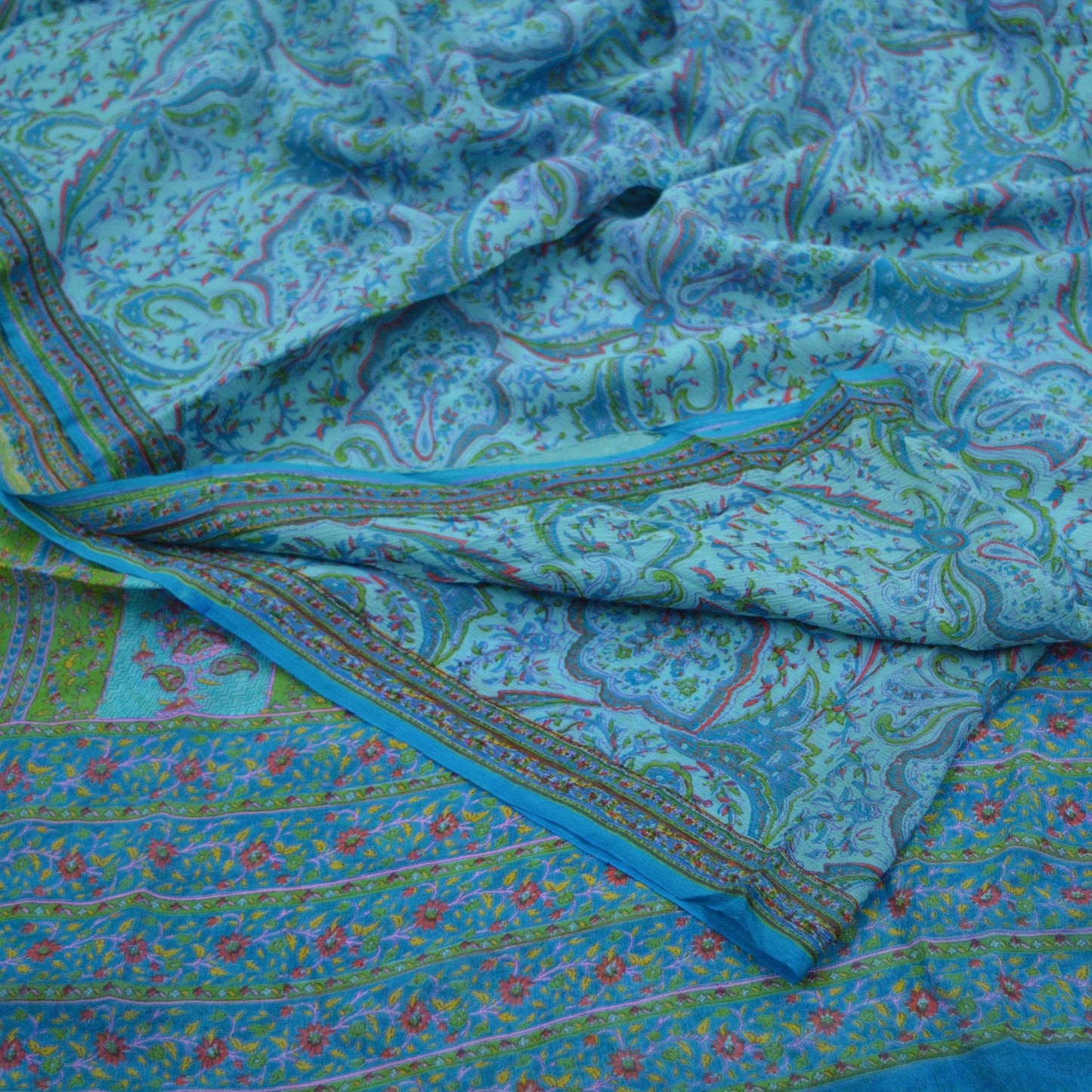 Women Vintage Blue Saree Pure Chiffon Silk Printed Sari Craft Fabric Sewing 5Yd Soft Dress Making Floral Quilting Crafting Upcycle