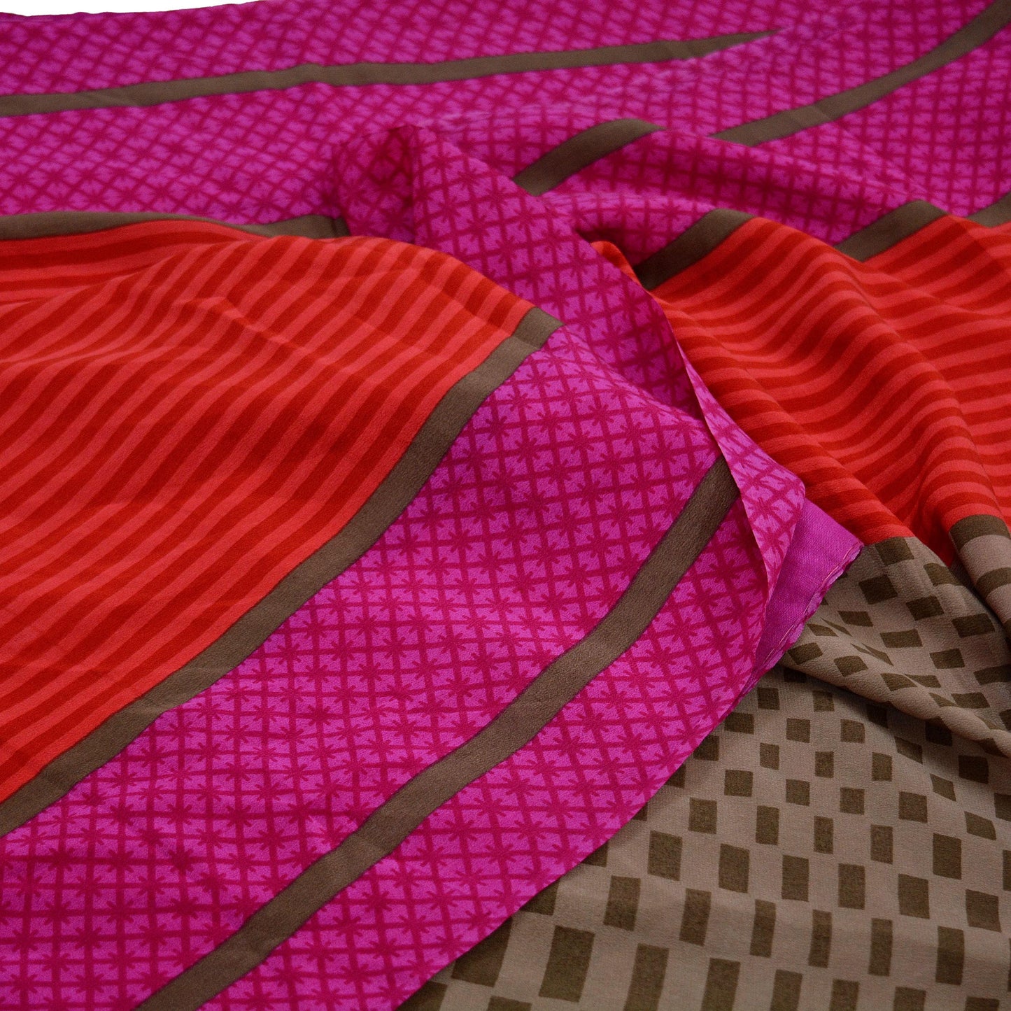 Indian Vintage Sari Brown & Purple Pure Crepe Silk Printed Sarees 5yd Sewing Craft Fabric Floral Soft Wrap Dress making Upcycle Quilting