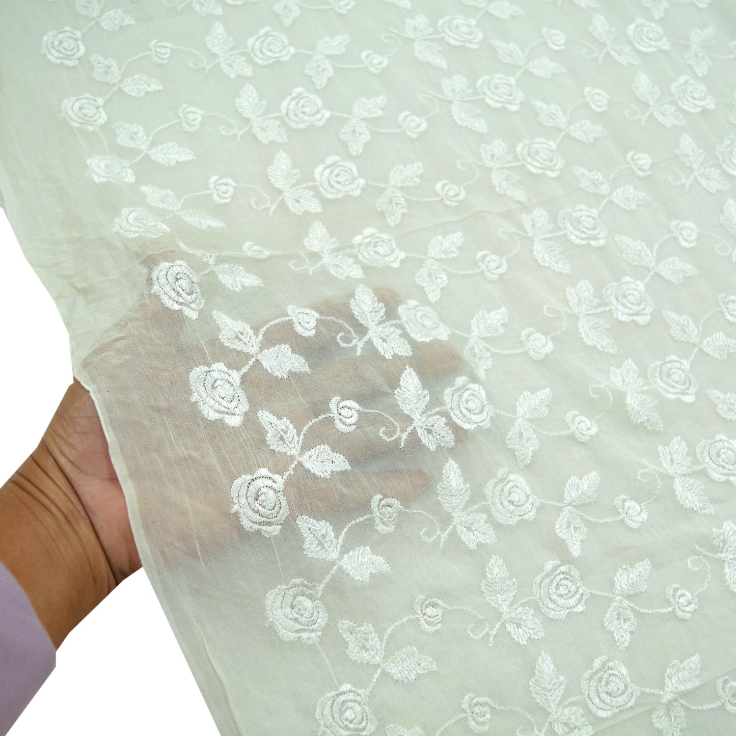Indian Vintage Ivory Dupatta Pure Chiffon Silk Long Stole Embroidered Scarves Floral Design Stole Veil Wrap