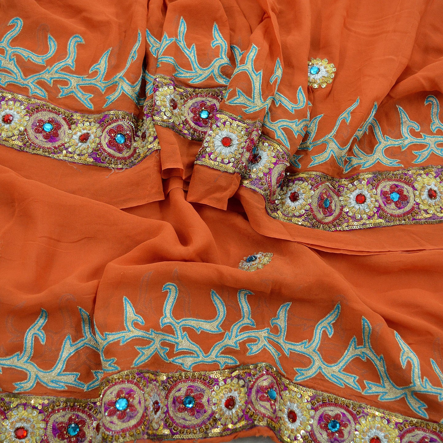 Indian Vintage Heavy Orange Dupatta Pure Georgette Silk Long Stole Hand Embroidered Scarf Zari Zardozi Bridal/ Wedding Veil Hijab