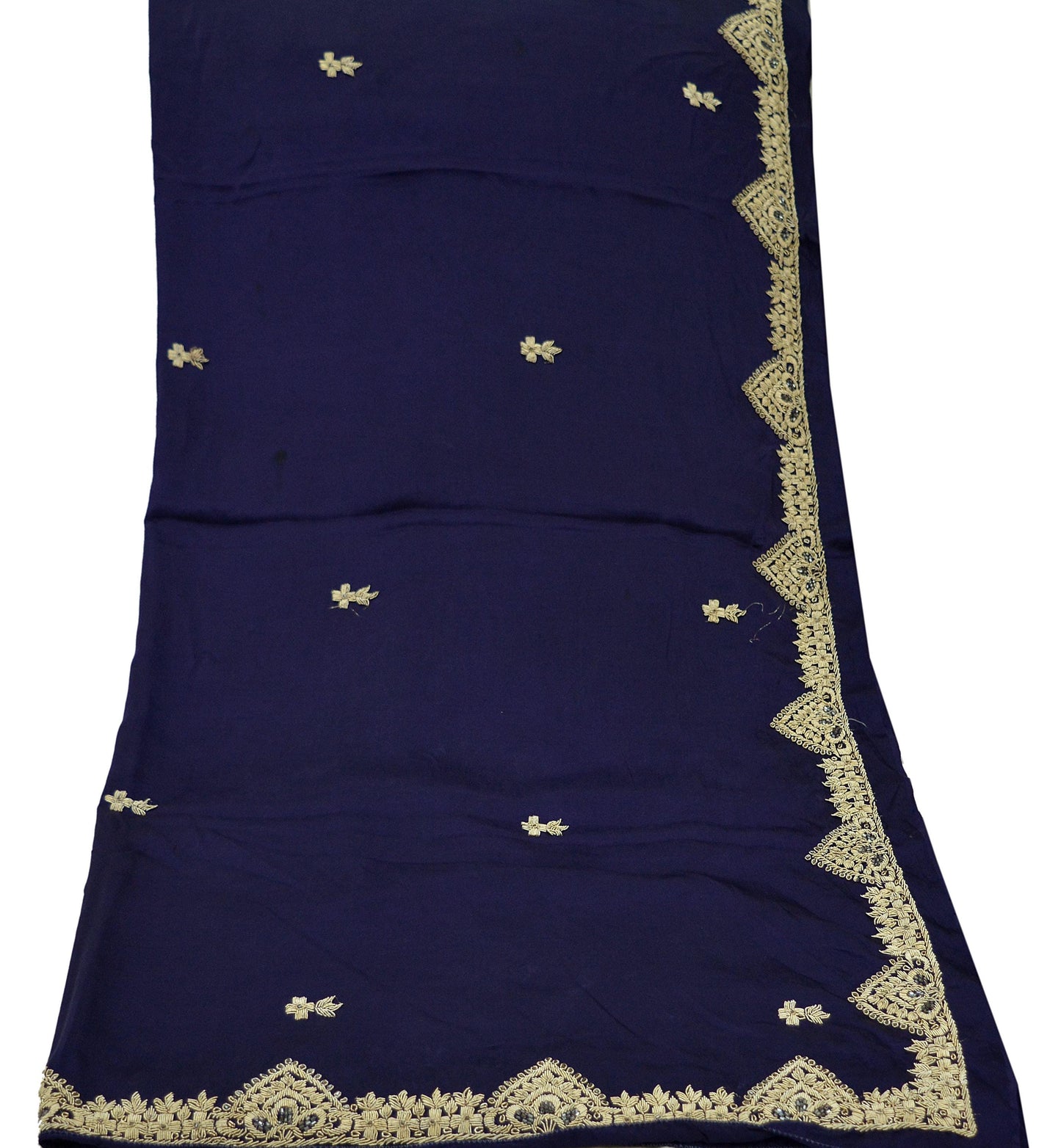 Indian Vintage Heavy Wedding Navy Blue Dupatta Pure Satin Silk Long Stole Hand Embroidered Scarves Golden Zardozi Stole Bridal Veil