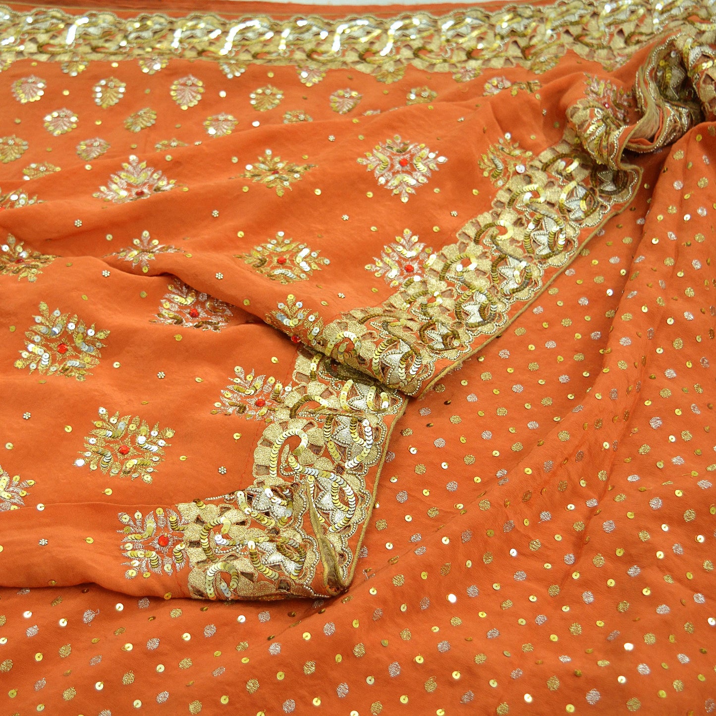 Indian Vintage Orange Saree Pure Crepe Silk Hand Embroidered Sari Craft Fabric 5Yd Sewing Soft Zardozi/Dabka Sequins Wedding/Bridal Sarees