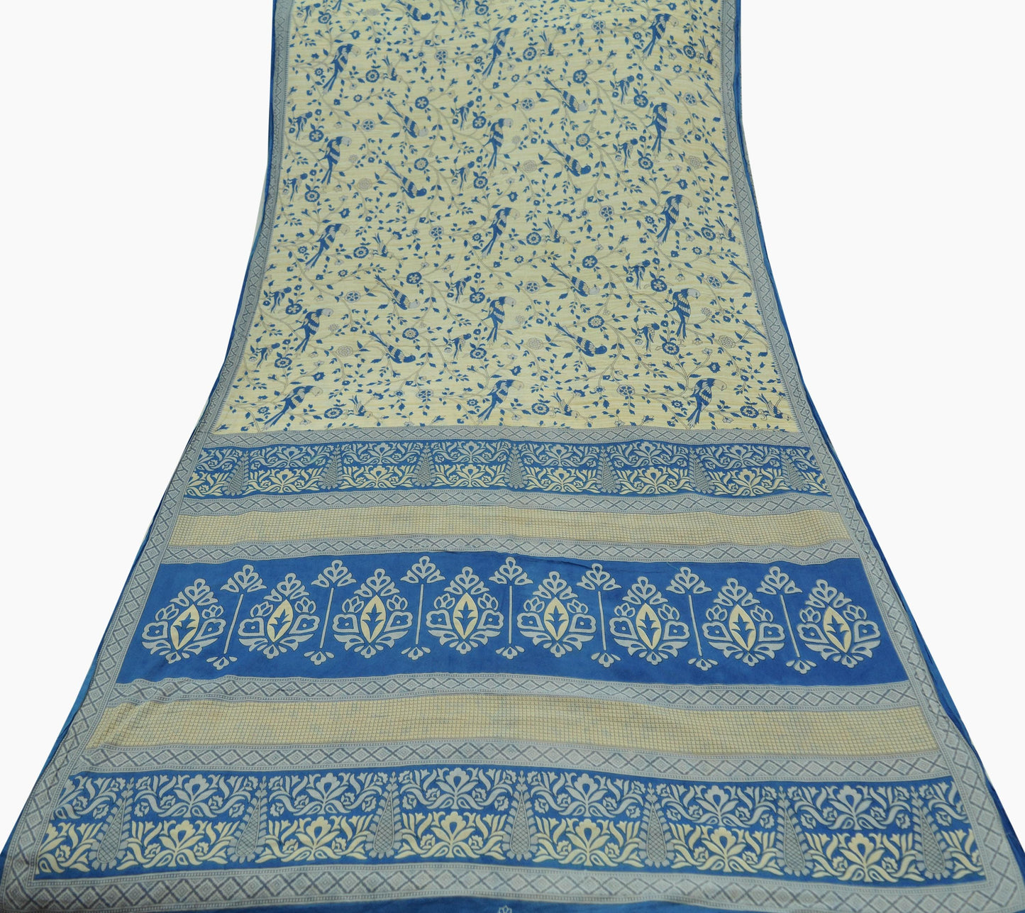 Indian Vintage Sari Blue & Ivory Printed Pure Cotton Sarees Craft Fabric 5Yd Soft Sewing Sarong Wrap Boho Floral Quilting Crafting Upcycle