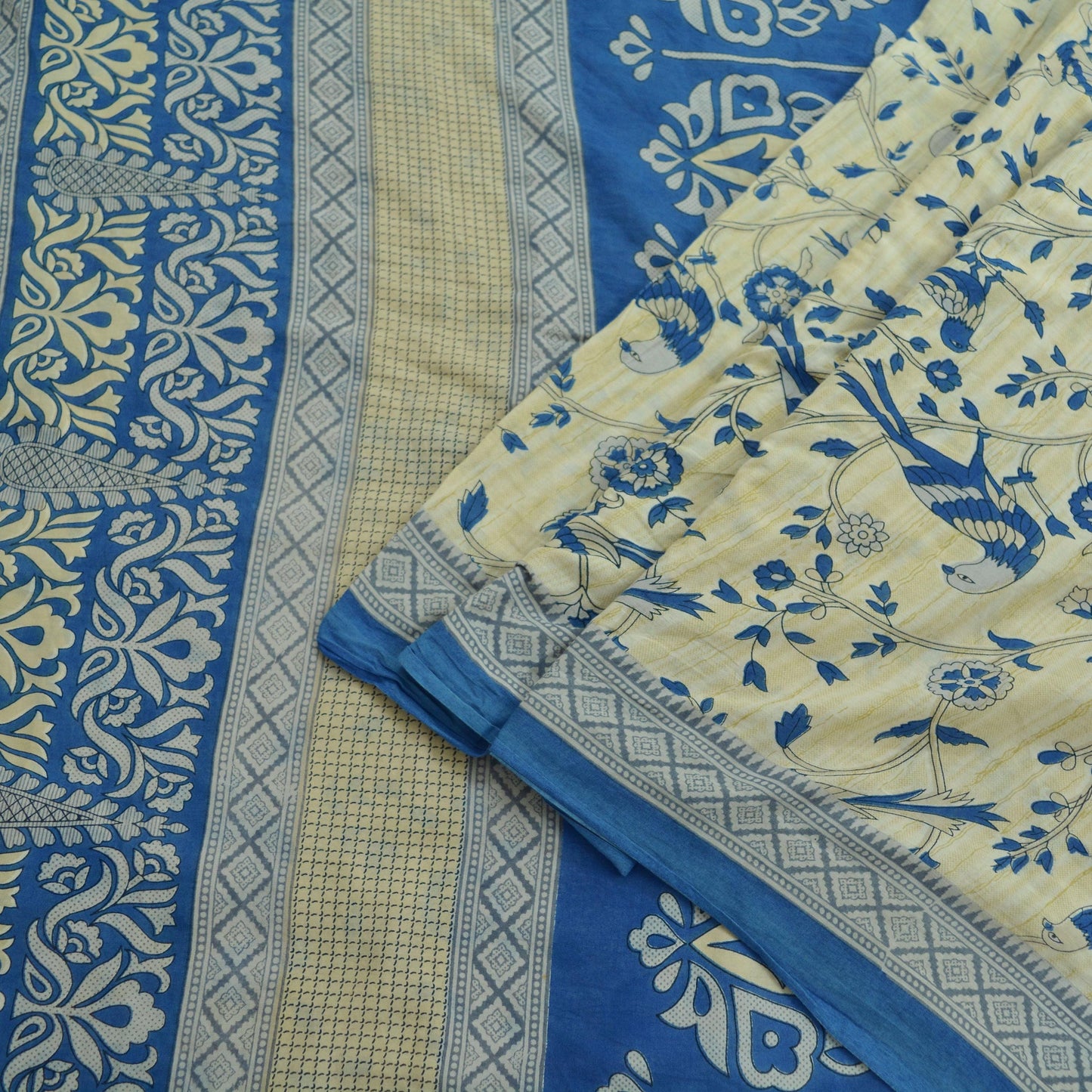 Indian Vintage Sari Blue & Ivory Printed Pure Cotton Sarees Craft Fabric 5Yd Soft Sewing Sarong Wrap Boho Floral Quilting Crafting Upcycle
