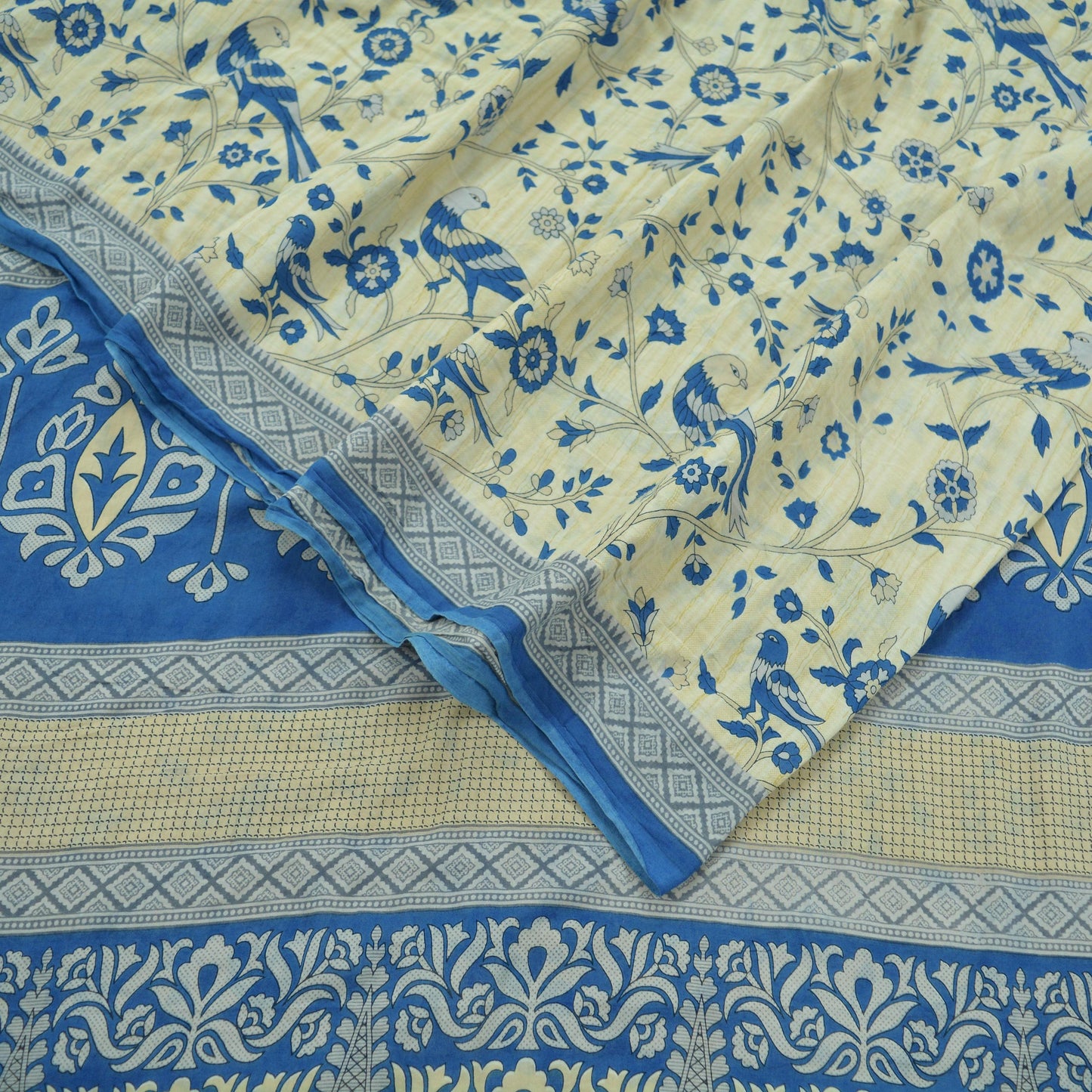 Indian Vintage Sari Blue & Ivory Printed Pure Cotton Sarees Craft Fabric 5Yd Soft Sewing Sarong Wrap Boho Floral Quilting Crafting Upcycle