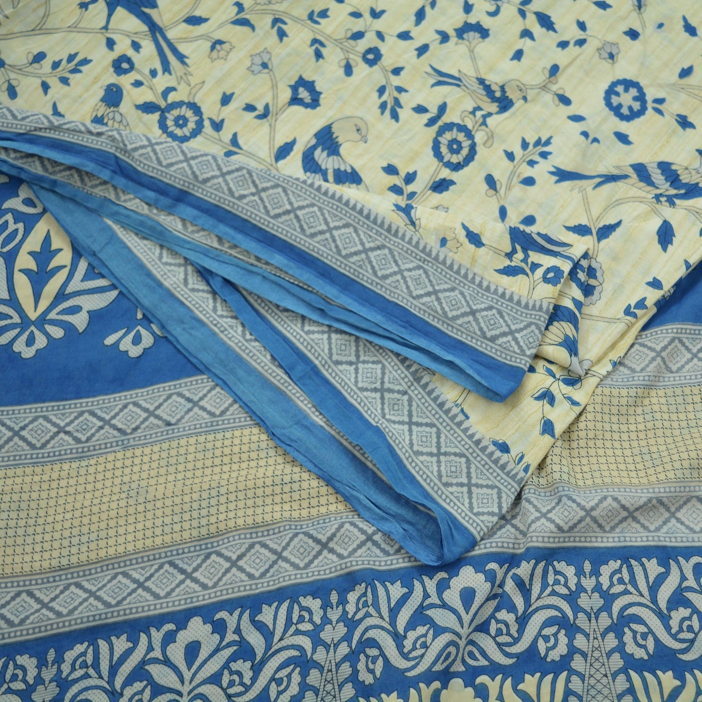 Indian Vintage Sari Blue & Ivory Printed Pure Cotton Sarees Craft Fabric 5Yd Soft Sewing Sarong Wrap Boho Floral Quilting Crafting Upcycle