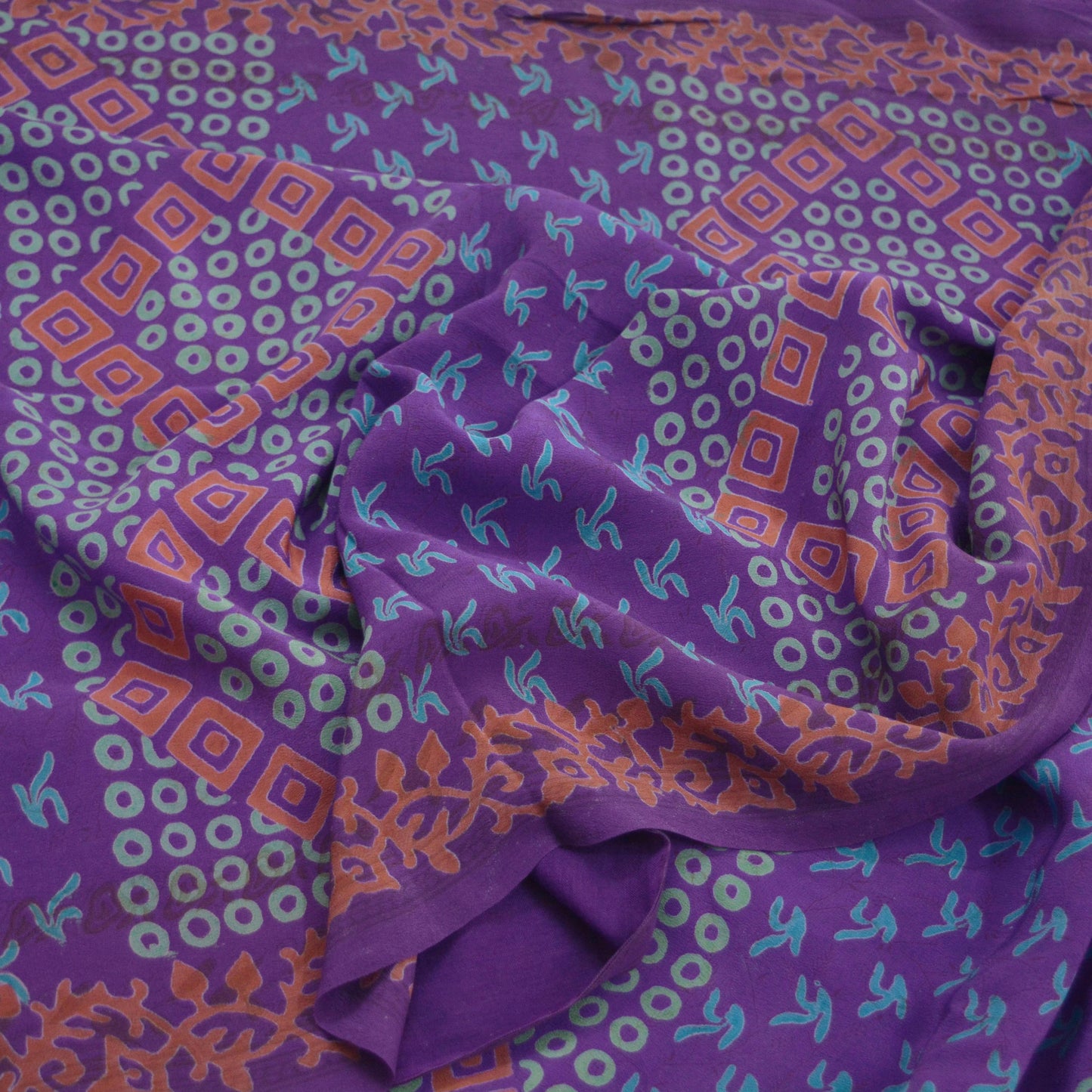 Indian Vintage Sari Purple Pure Crepe Silk Block Printed Saree 5yd Sewing Abstract Craft Fabric Wrap Dress Making Quilting Crafting
