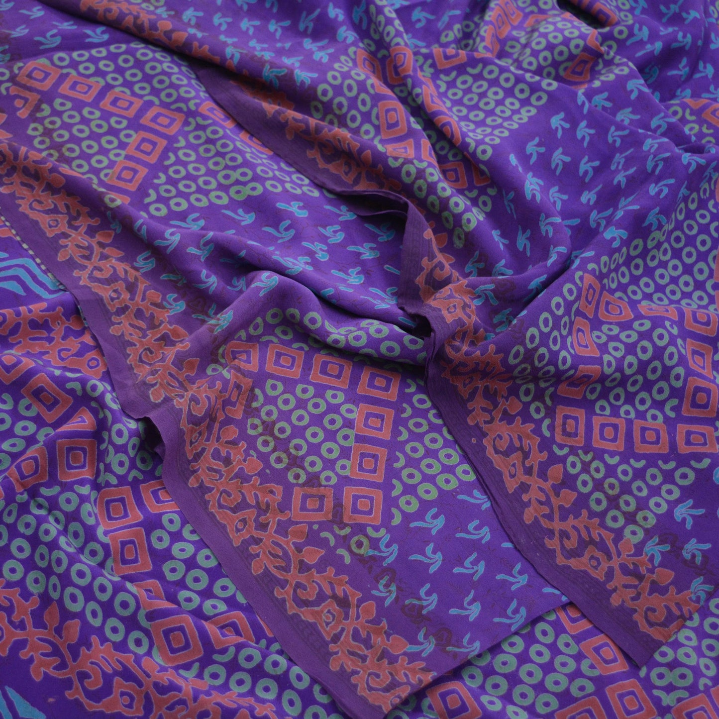 Indian Vintage Sari Purple Pure Crepe Silk Block Printed Saree 5yd Sewing Abstract Craft Fabric Wrap Dress Making Quilting Crafting