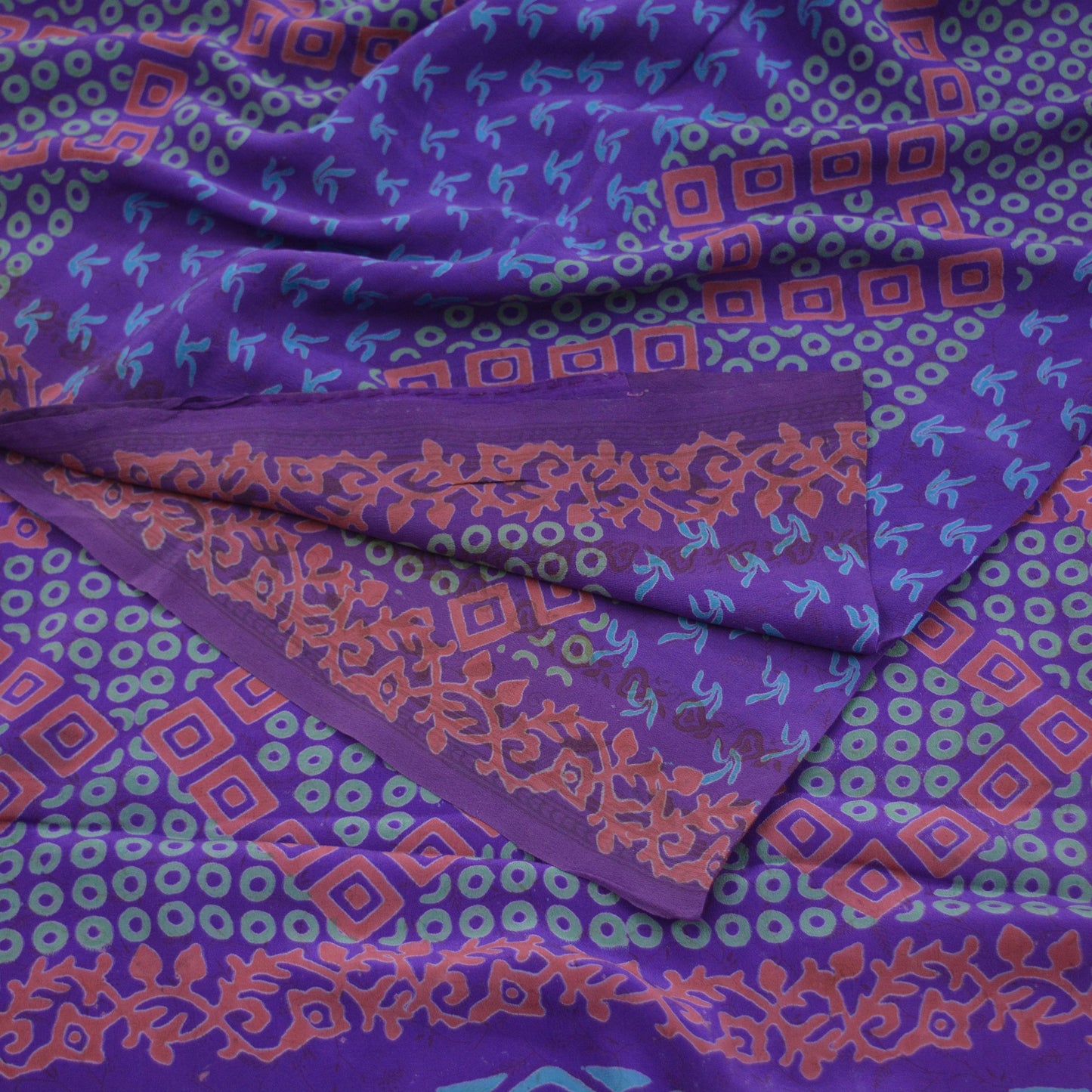 Indian Vintage Sari Purple Pure Crepe Silk Block Printed Saree 5yd Sewing Abstract Craft Fabric Wrap Dress Making Quilting Crafting