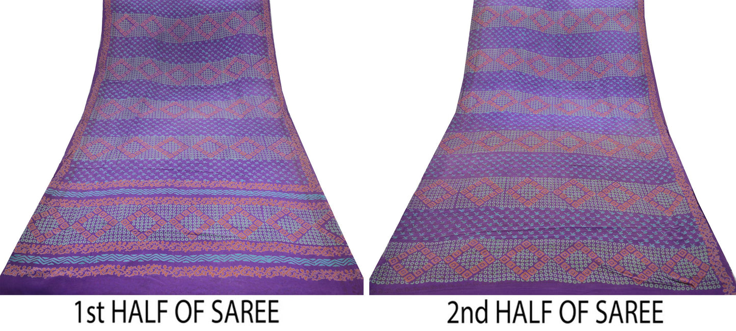 Indian Vintage Sari Purple Pure Crepe Silk Block Printed Saree 5yd Sewing Abstract Craft Fabric Wrap Dress Making Quilting Crafting