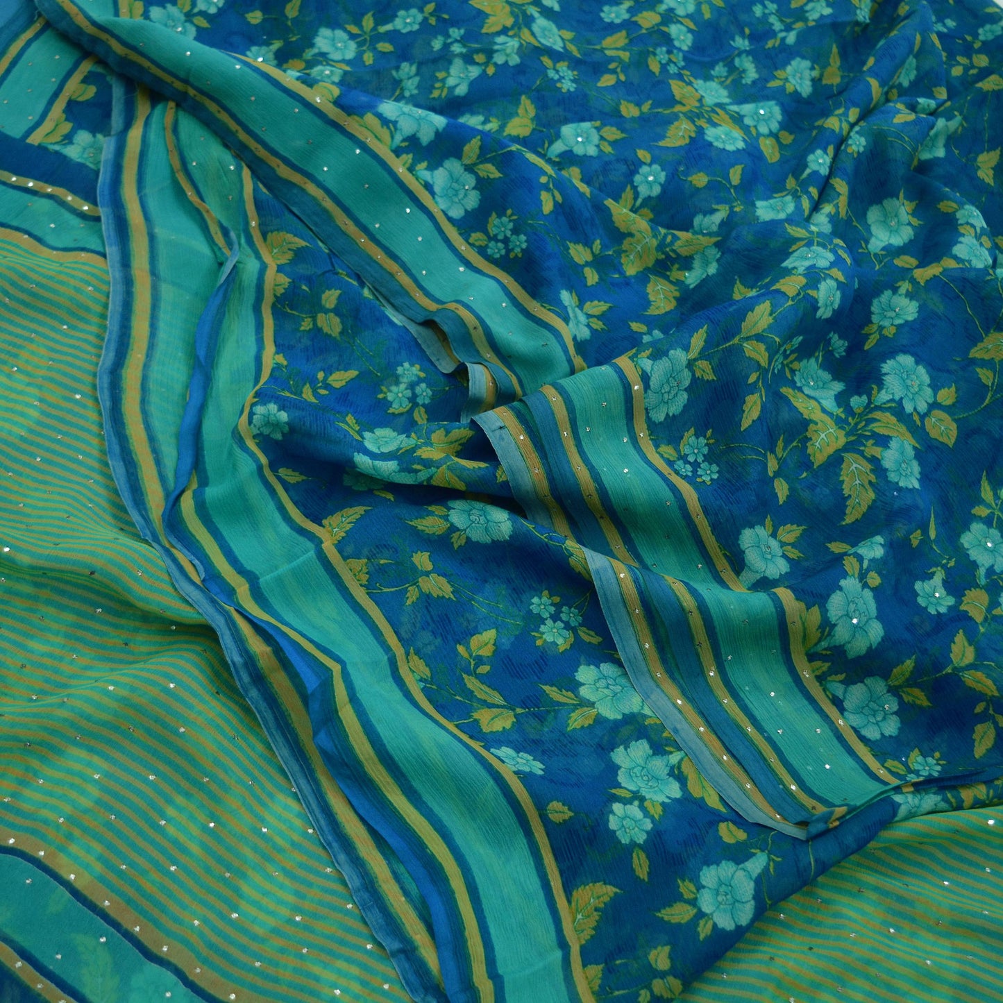 Vintage Sari Blue & Green Pure Chiffon Silk Hand Embroidered Mukesh Printed Sarees Craft Fabric Sewing 6Yd Soft Dress Making Crafting