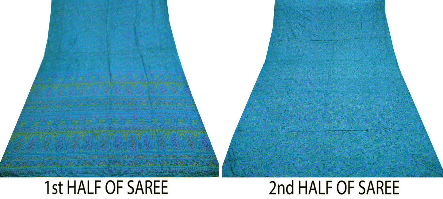 Indian Vintage Sari Blue Printed Sari Pure Silk Saree Craft Fabric Sewing 5yd Floral Soft Floral Wrap Sarong Dress making Crafting Quilting