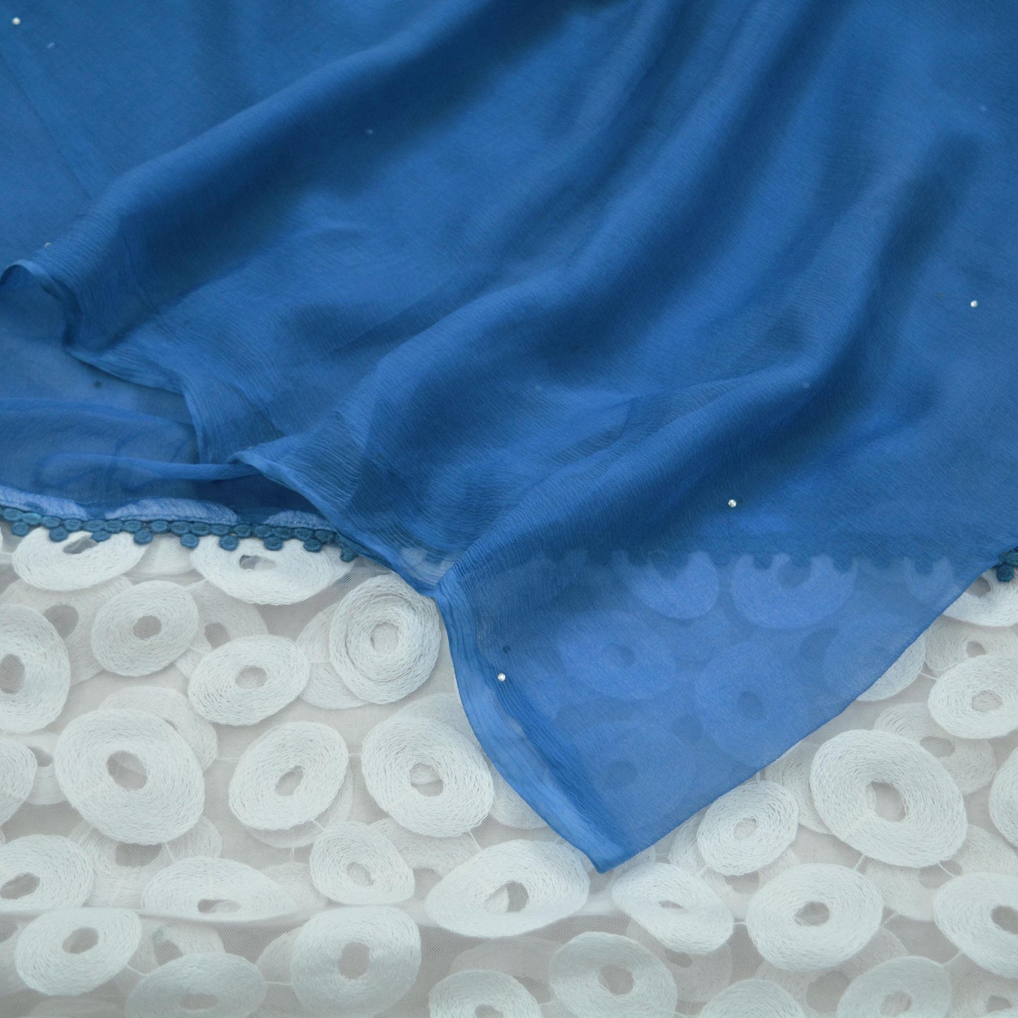 Indian Vintage Blue & White Dupatta Pure Chiffon silk Long Stole Hand Embroidered Scarves Floral Design Stole Veil Wrap