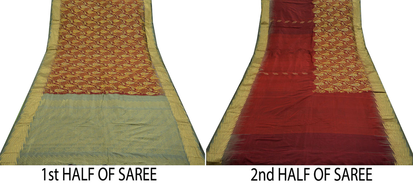 Vintage Heavy Gray & Maroon Kanjivaram Saree 100% Pure Silk Sari Metallic Golden Zari 5Yd Floral Crafting Dress making