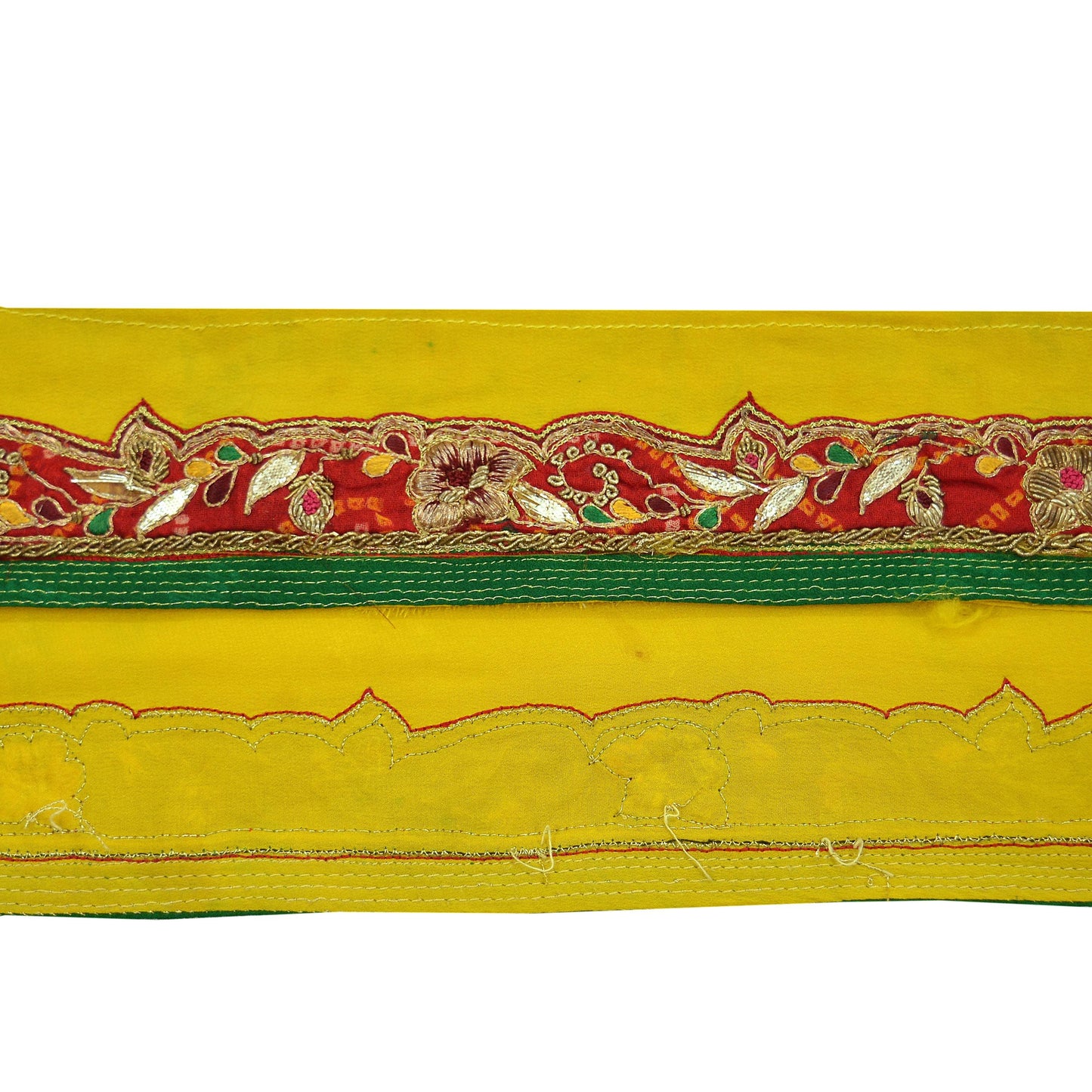 Indian Vintage Yellow Sari Border Hand Embroidered 1yd Craft Trim Lace Sewing Sari Ribbon Pure Crepe silk Zardozi/Dabka Zari