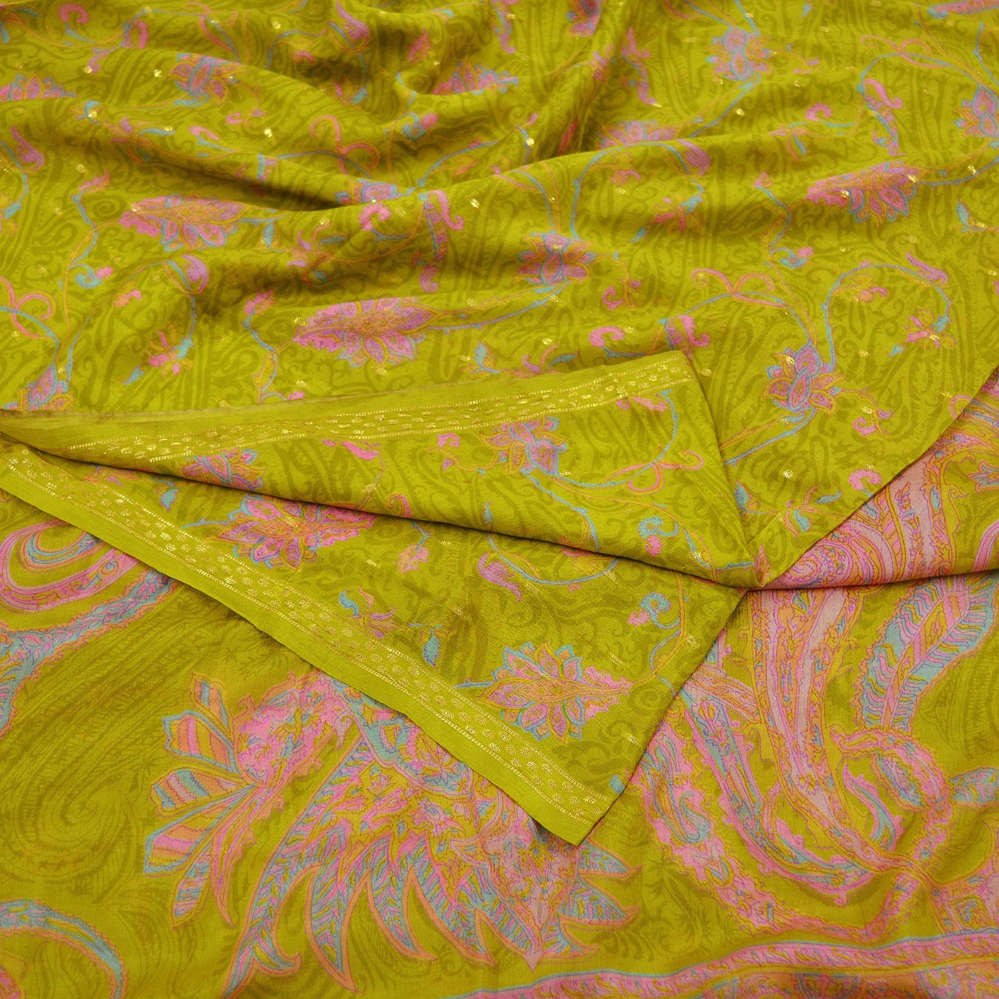 Indian Vintage Sari Green Pure Silk Printed Saree 5yd Sewing Craft Fabric Dress Making Soft Wrap Upcycle Used Quilting Crafting Zari Border