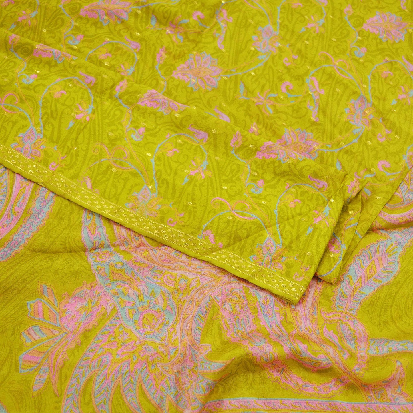 Indian Vintage Sari Green Pure Silk Printed Saree 5yd Sewing Craft Fabric Dress Making Soft Wrap Upcycle Used Quilting Crafting Zari Border