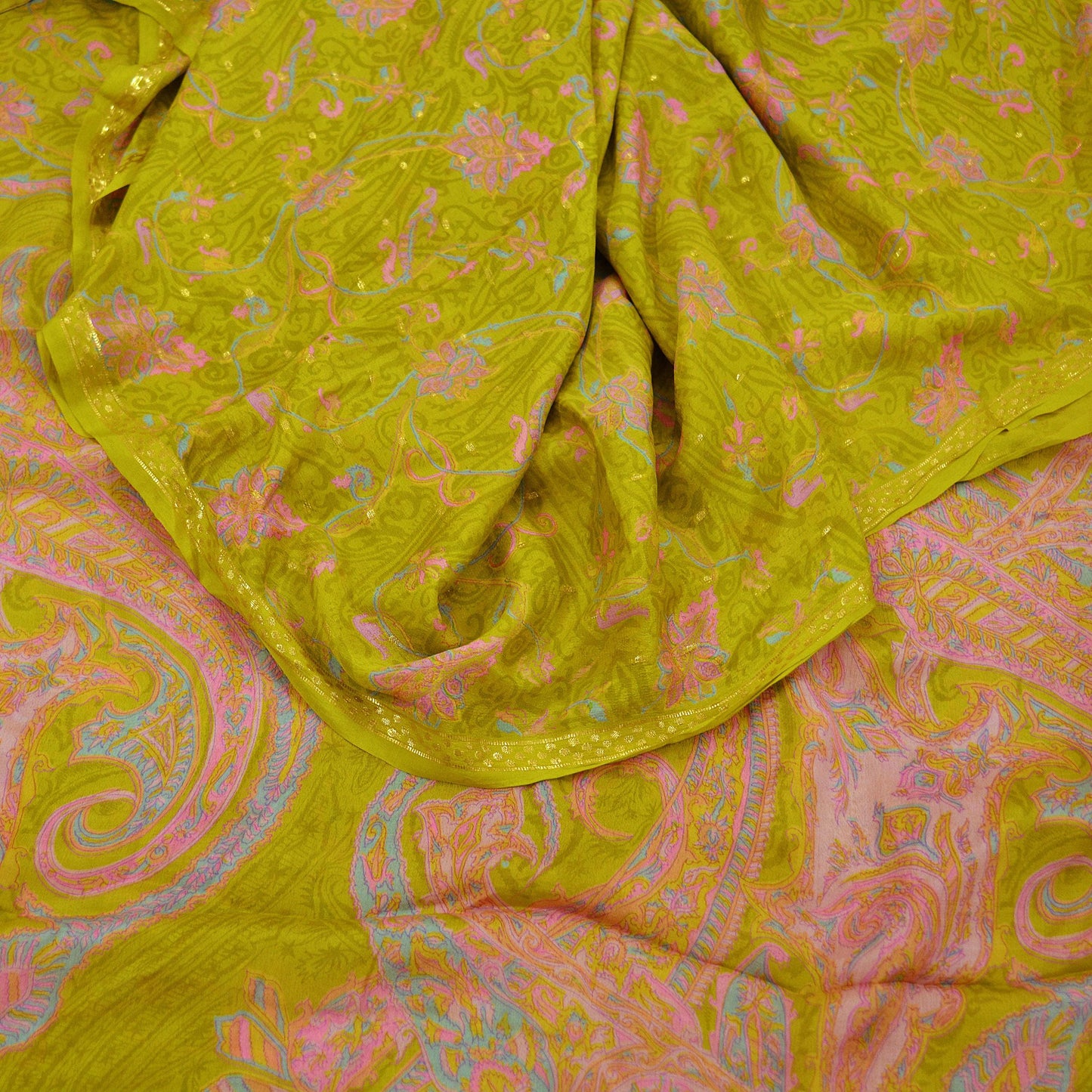 Indian Vintage Sari Green Pure Silk Printed Saree 5yd Sewing Craft Fabric Dress Making Soft Wrap Upcycle Used Quilting Crafting Zari Border