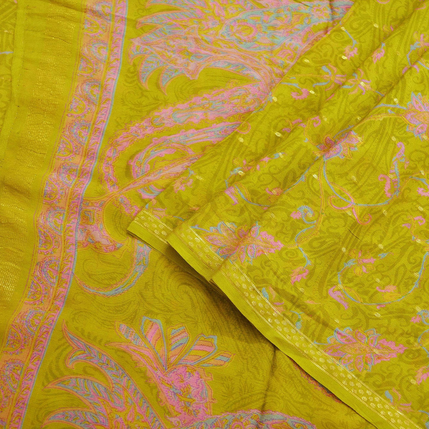 Indian Vintage Sari Green Pure Silk Printed Saree 5yd Sewing Craft Fabric Dress Making Soft Wrap Upcycle Used Quilting Crafting Zari Border