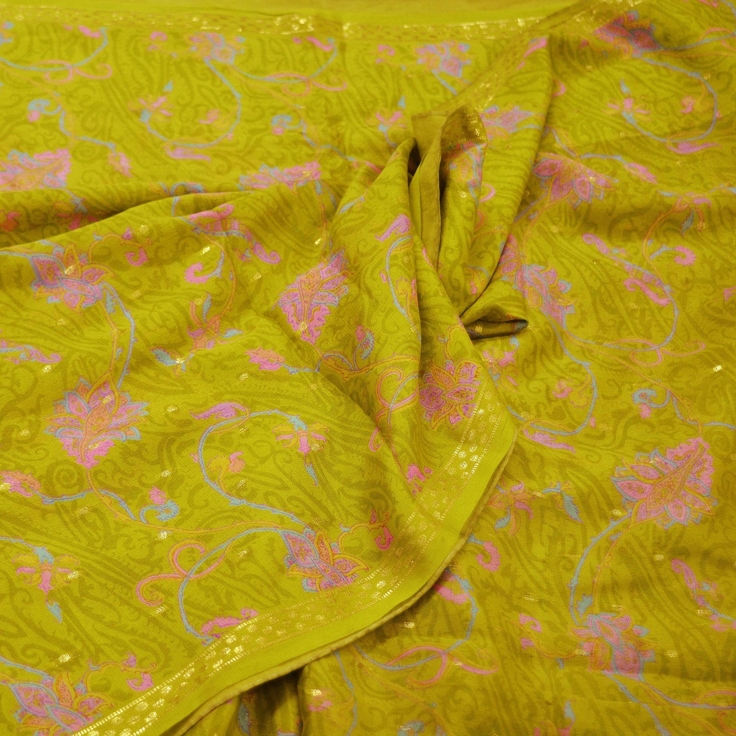 Indian Vintage Sari Green Pure Silk Printed Saree 5yd Sewing Craft Fabric Dress Making Soft Wrap Upcycle Used Quilting Crafting Zari Border