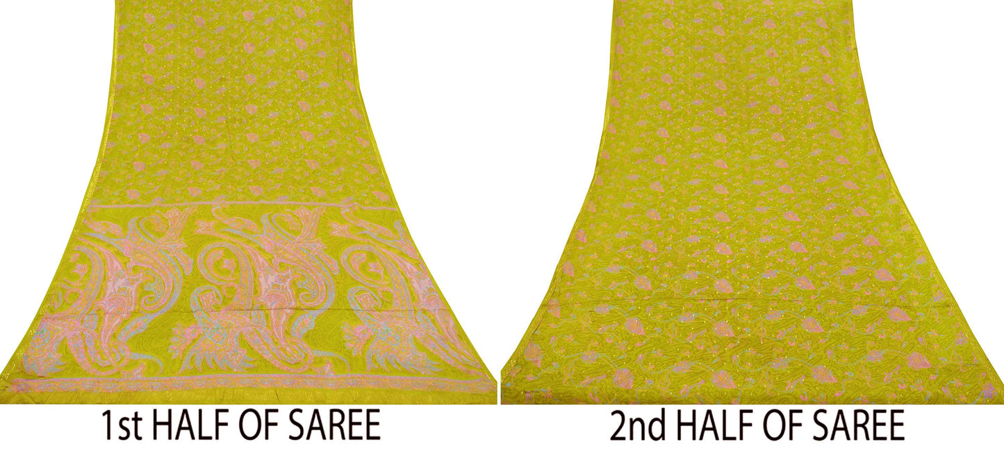 Indian Vintage Sari Green Pure Silk Printed Saree 5yd Sewing Craft Fabric Dress Making Soft Wrap Upcycle Used Quilting Crafting Zari Border