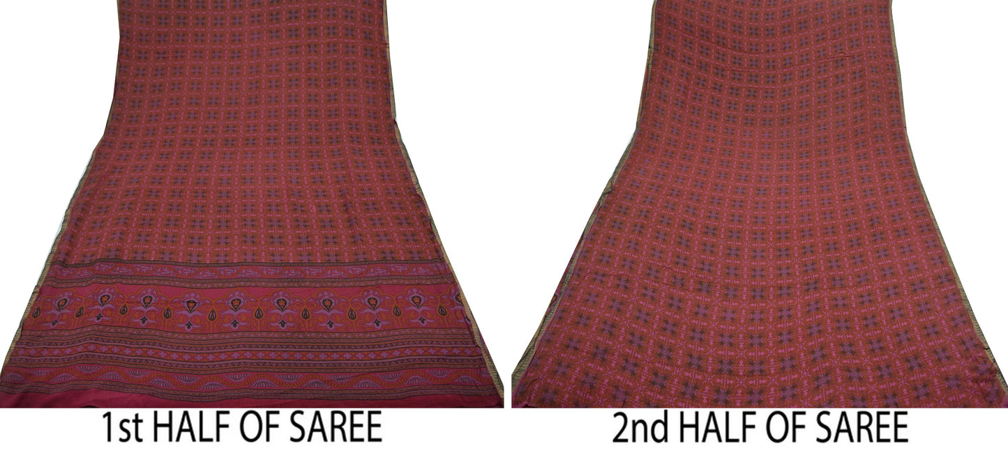 Indian Vintage Sari Pink 100% Pure Silk Woven Printed Sarees 5yd Sewing Craft Fabric DressMaking Zari Border Quilting Upcycle Crafting