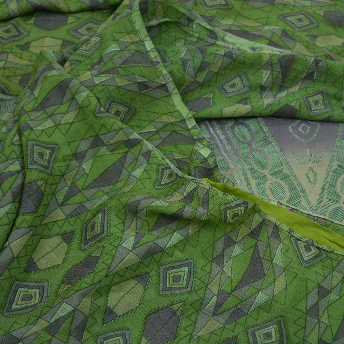 Indian Vintage Sari Green Pure Silk Printed Saree Fabric 5yd Sewing Craft Dress Making Soft Abstract Quilting Crafting Upcycle