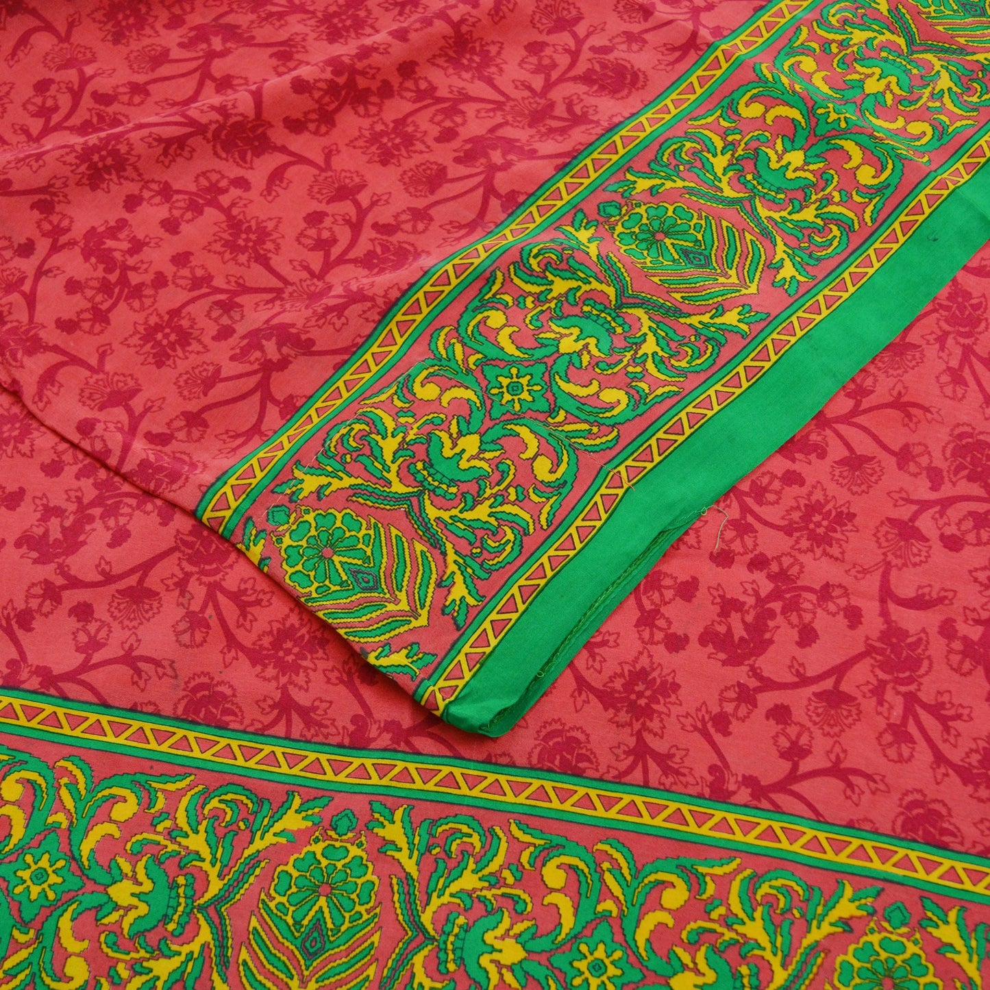 EXCELLENT QUALITY Indian Vintage Orange & Green Saree Pure Crepe Silk Printed Sari 5yd Sewing Floral Soft Craft Fabric Wrap Dress Making