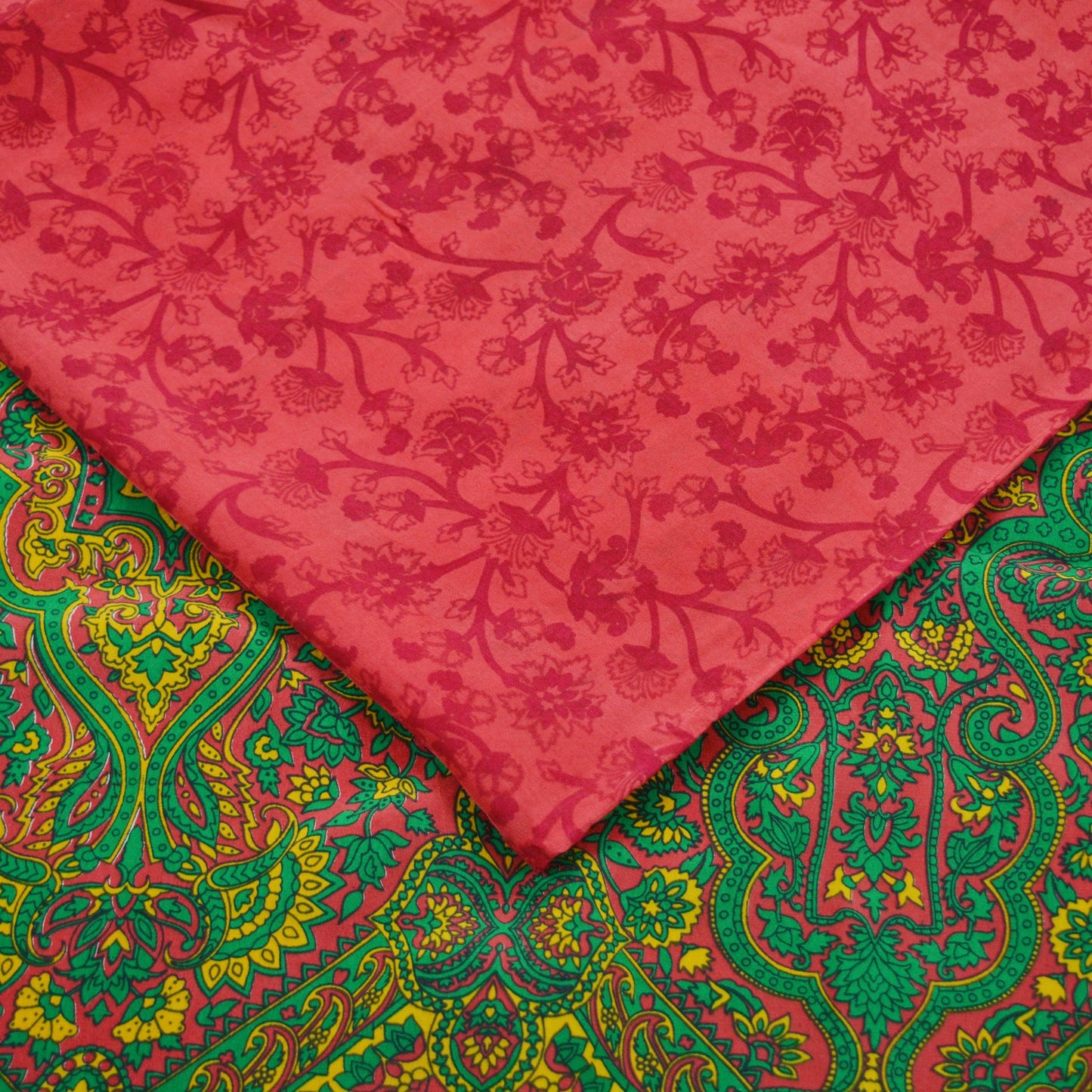 EXCELLENT QUALITY Indian Vintage Orange & Green Saree Pure Crepe Silk Printed Sari 5yd Sewing Floral Soft Craft Fabric Wrap Dress Making