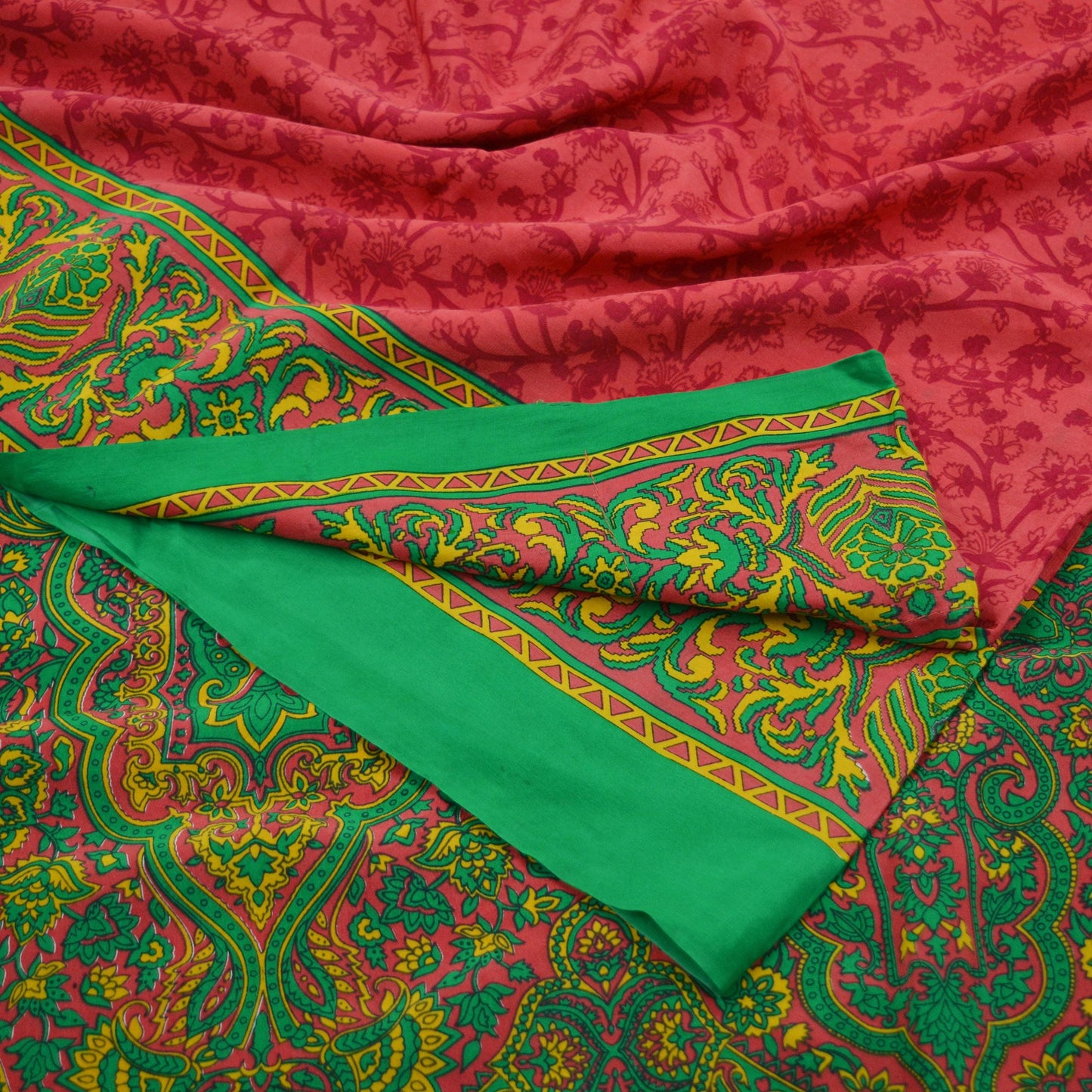 EXCELLENT QUALITY Indian Vintage Orange & Green Saree Pure Crepe Silk Printed Sari 5yd Sewing Floral Soft Craft Fabric Wrap Dress Making