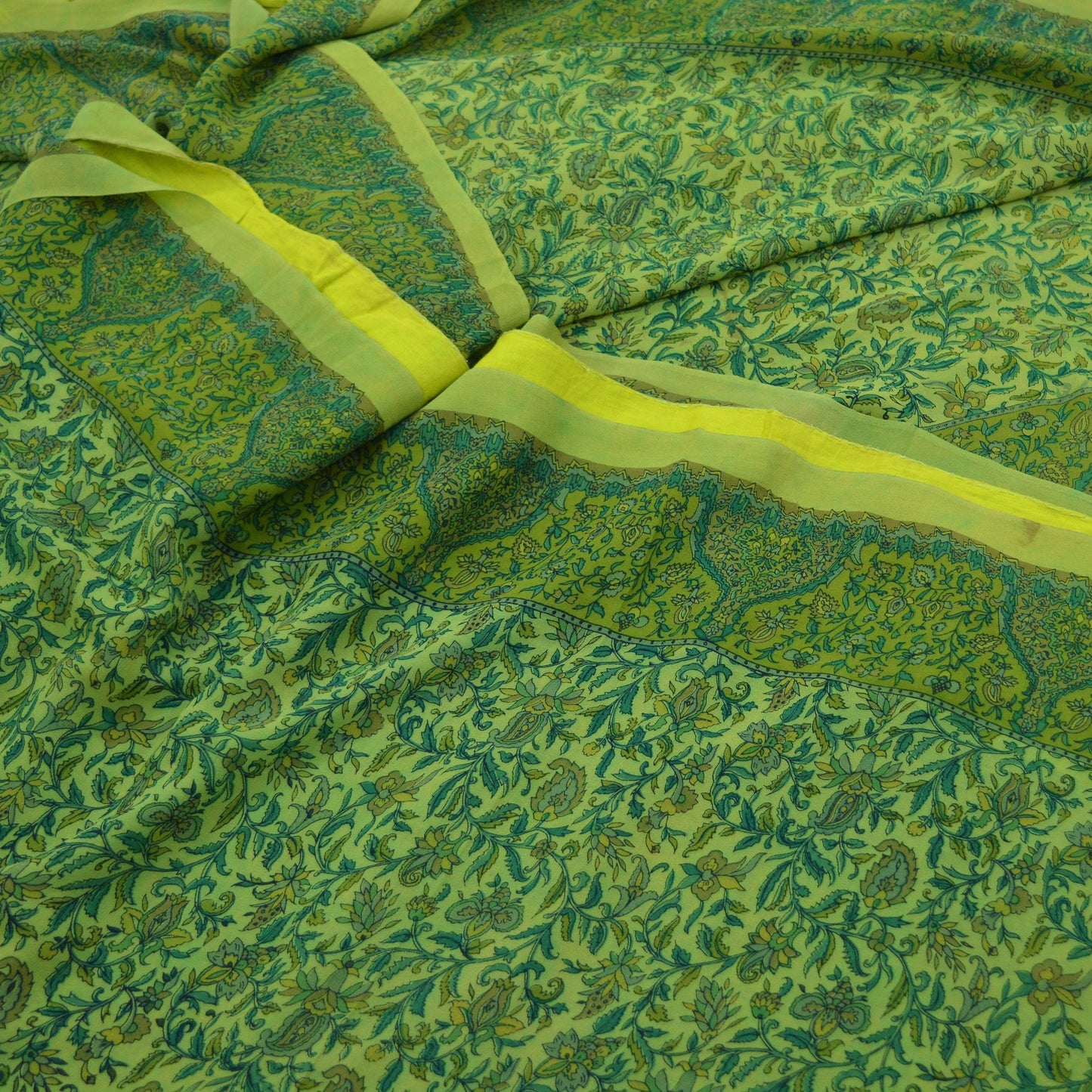 Indian Vintage Sari Green Pure Georgette Silk Block Printed Sarees Craft Fabric Sewing 6Yd Soft Sari Dress Making Crafting Quilting Upcycle