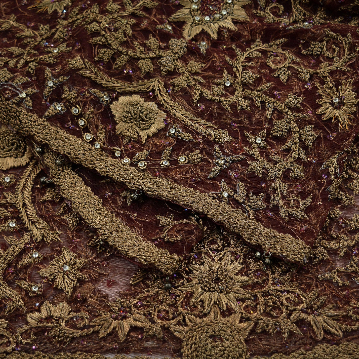 Indian Vintage Heavy Wedding Maroon Dupatta Net Mesh Long Stole Hand Embroidered Scarves Golden Zardozi Zari Sequins Dridal Veil Hijab