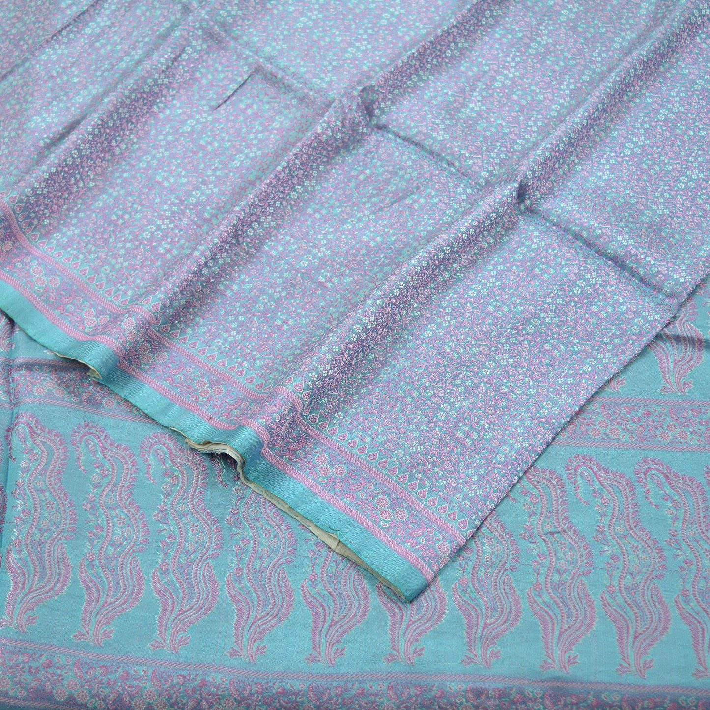 Indian Vintage Sari Blue Heavy Pure Satin Silk Hand Woven Tanchoi Sarees Ethnic Wear 5Yd Paisley Craft Fabric Dress Making Crafting